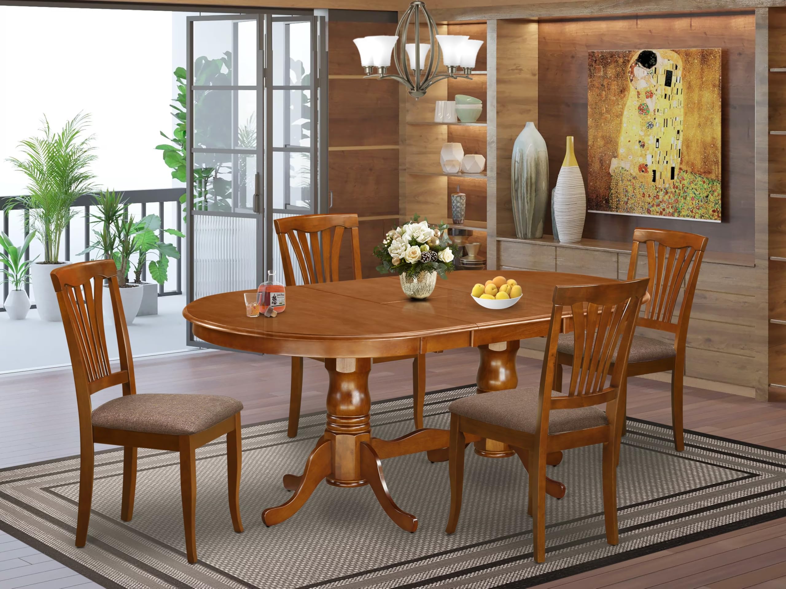 East West Furniture 5-Piece Dining Set - 42x78 Inch Oval Wooden Table with Butterfly Leaf & 4 Linen Fabric Chairs, Saddle Brown - Perfect for Small Spaces, Kitchen Dining Rooms & Family Gatherings