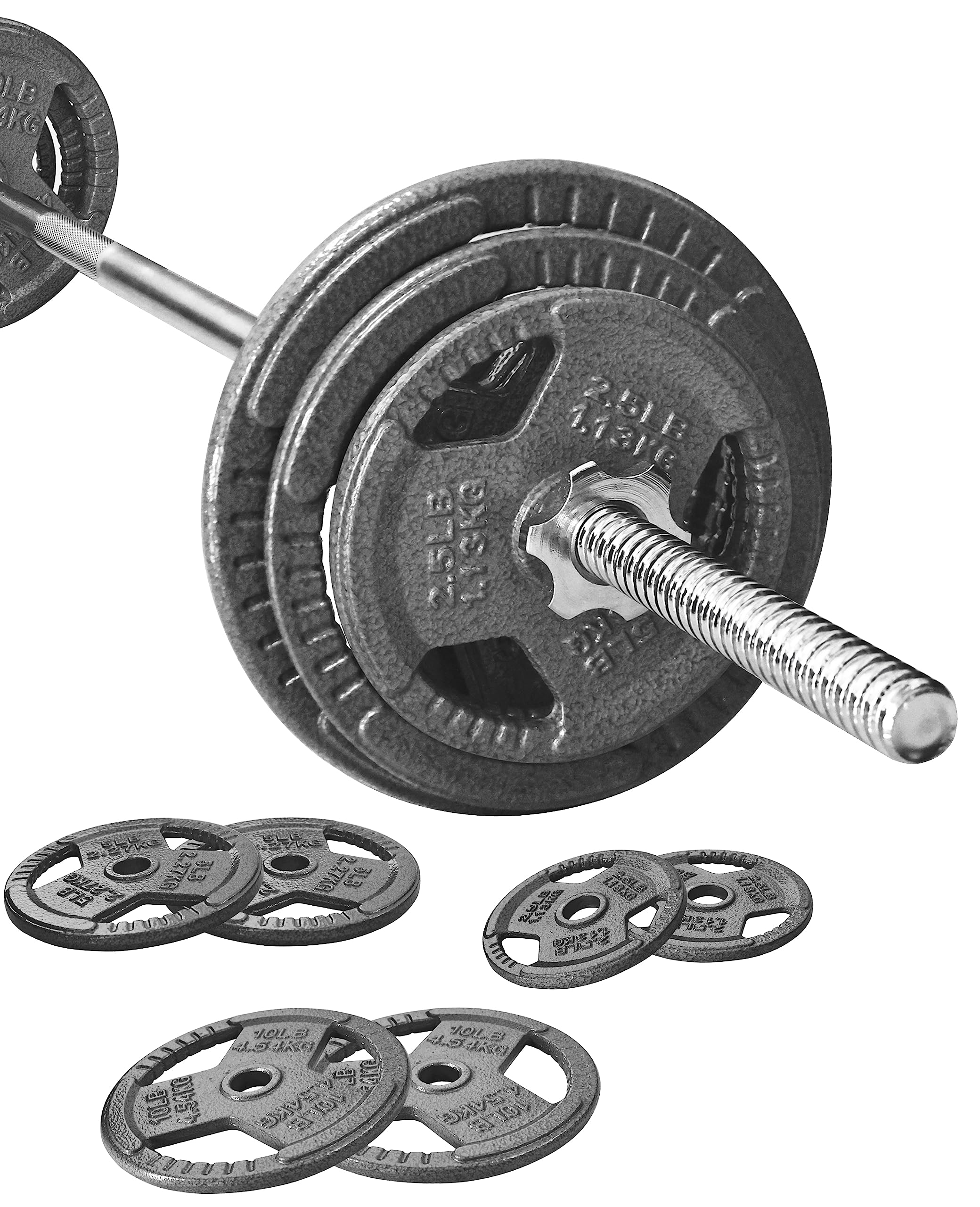 Cast Iron Standard Weight Plates Set - 45 lbs (35 lbs Plates + 10 lbs Barbell) with 5FT Standard Barbell & Star Locks - Strength Training & Home Gym Equipment for Weightlifting, CrossFit & Fitness Workouts