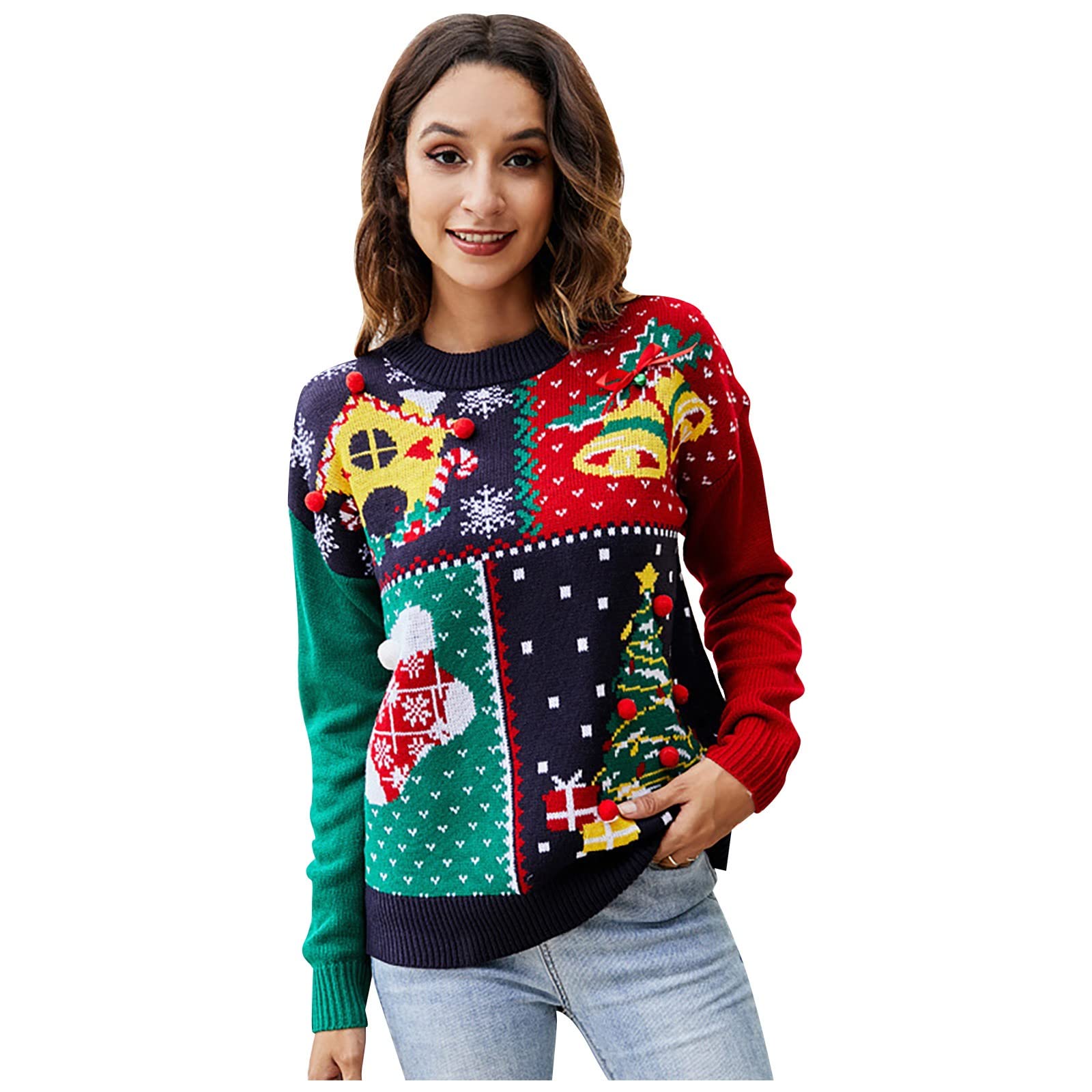 Festive Women's Ugly Christmas Sweaters - Crewneck Long Sleeve Colorblock Holiday Pullover with Christmas Tree Design | Perfect for Office Parties, Family Gatherings & Holiday Photos