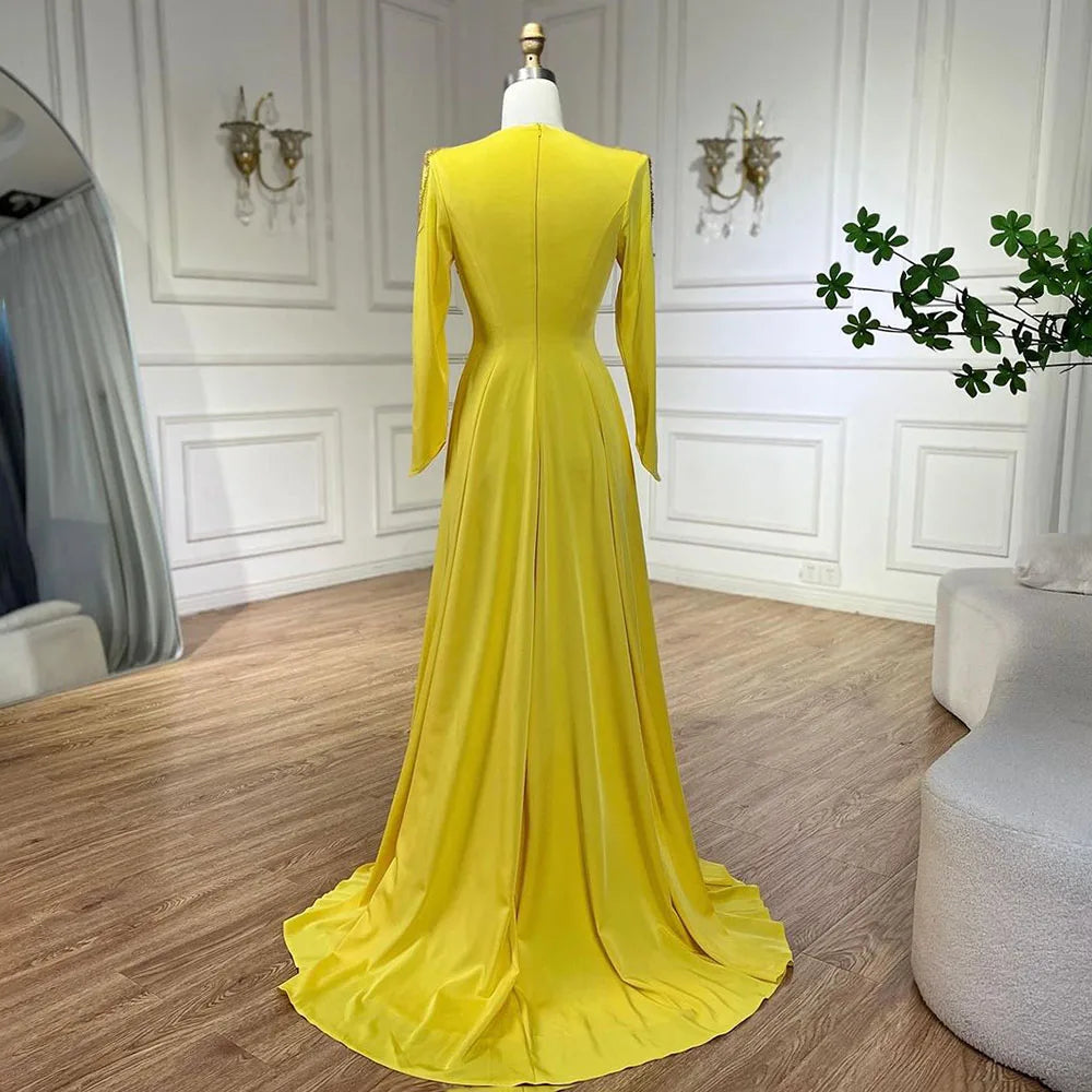 Luxury Dubai Arabic Yellow Mermaid Evening Dress with Elegant Tassel Beading for Women - Perfect for Weddings, Parties & Special Occasions - Serene Hill Collection LA72555