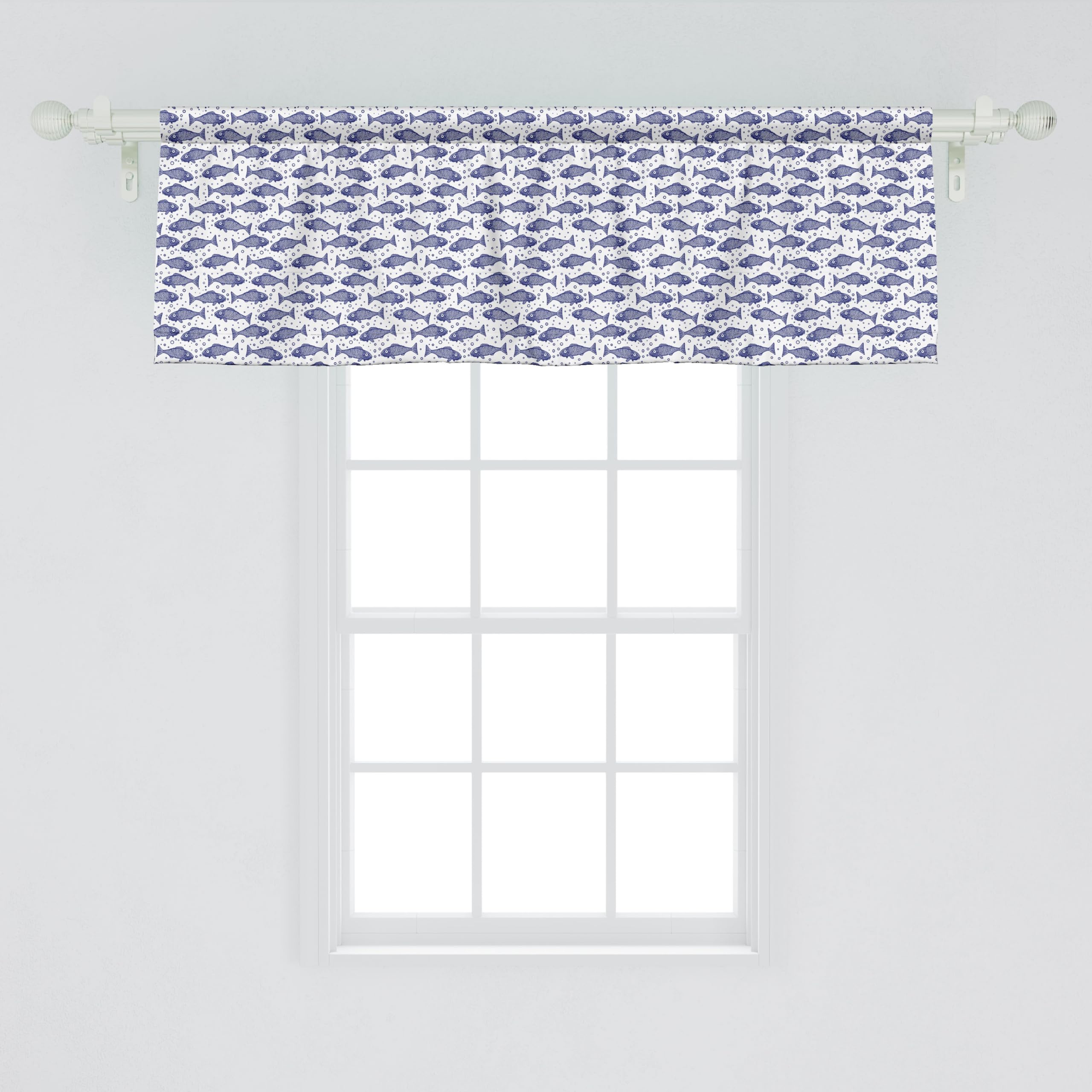 Ambesonne Nautical Window Valance Set of 2 - Monochrome Hand-Drawn Fish Pattern with Minimal Bubbles, Rod Pocket Curtain Valances for Kitchen & Bedroom, 54