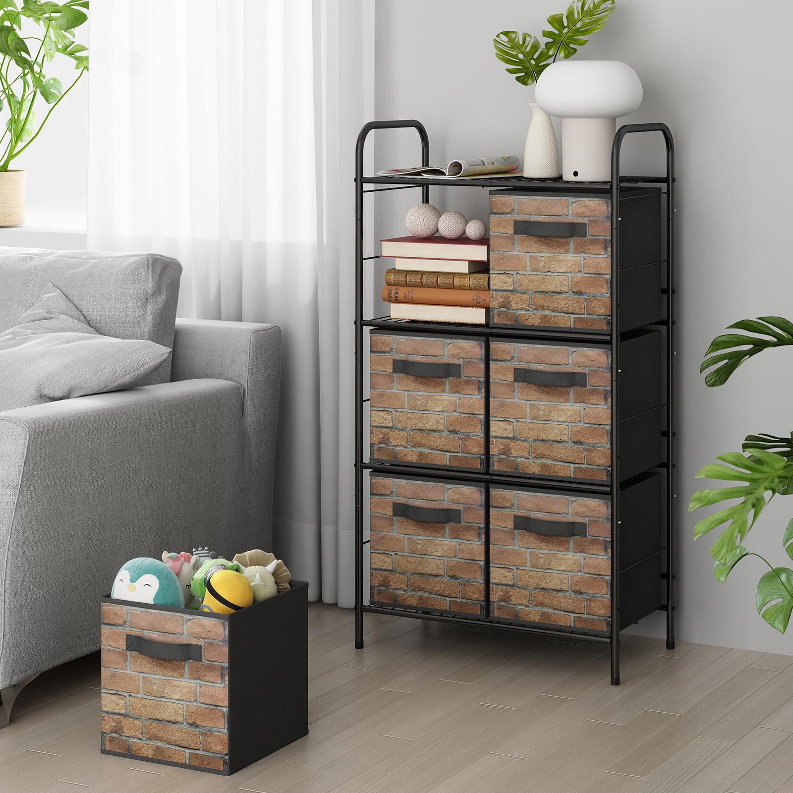 GLLAS 6-Cube Closet Organizer with Handles - Fabric Storage Shelves for Clothes, Shoes & Accessories | Black Brick Pattern | Perfect for Bedroom, Dorm & Closet Organization (Space-Saving Storage Solution)