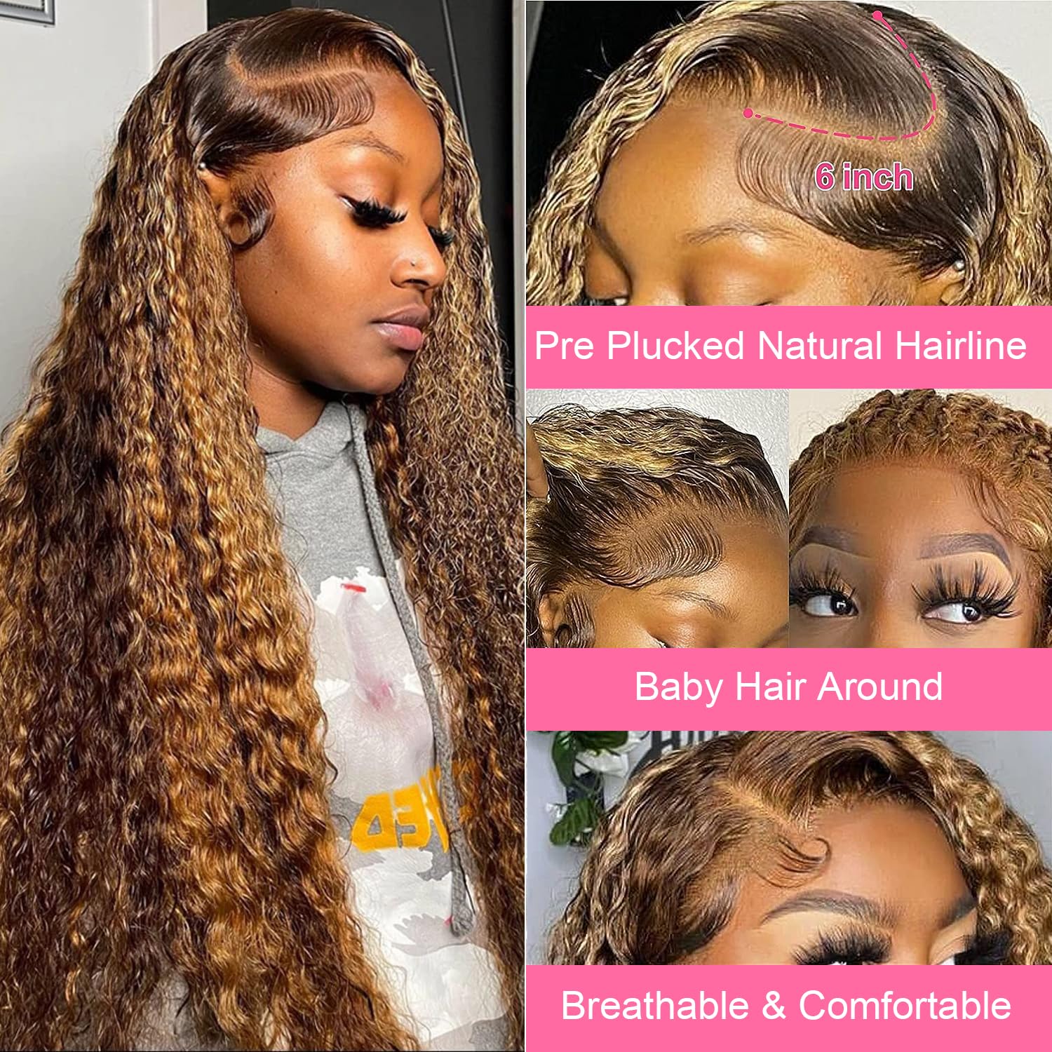 26 Inch 13x6 Ombre Deep Wave Human Hair Lace Front Wig - Pre Plucked #4/27 Honey Blonde Glueless Water Wave Lace Frontal Wig with Baby Hair for Women | Perfect for Daily Wear, Parties, Cosplay & Special Occasions