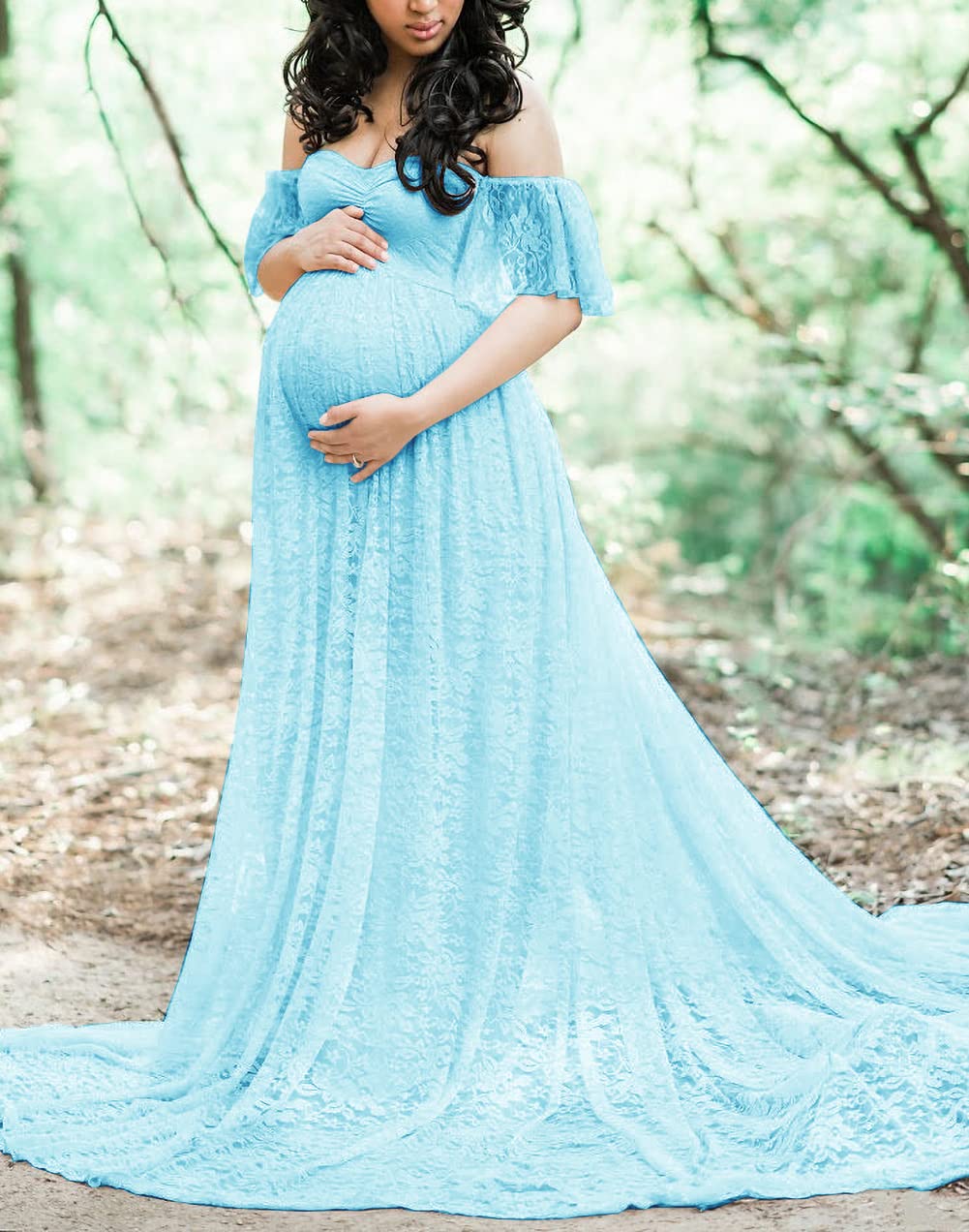 ZIUMUDY Women's Off Shoulder Lace Maternity Dress for Baby Shower, Pregnancy Photo Shoot & Wedding - Elegant Long Flowy Maternity Gown for Special Occasions