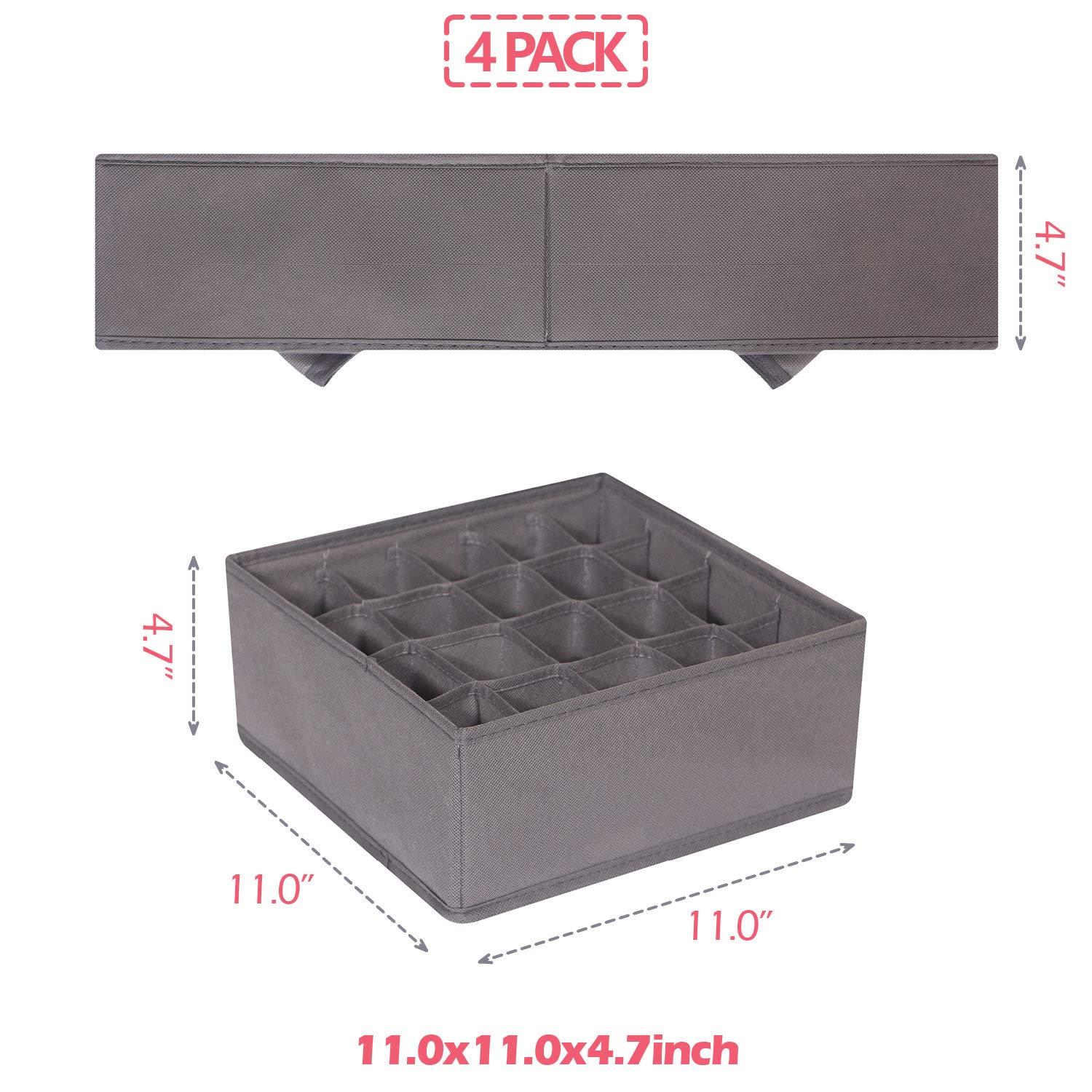 DIOMMELL 4 Pack Foldable Fabric Storage Bins - Closet Organizer for Clothes, Underwear, Socks & Lingerie | Dresser Drawer Dividers | Space-Saving Grey Fabric Baskets | Perfect for Bedroom, Nursery & Dorm Organization