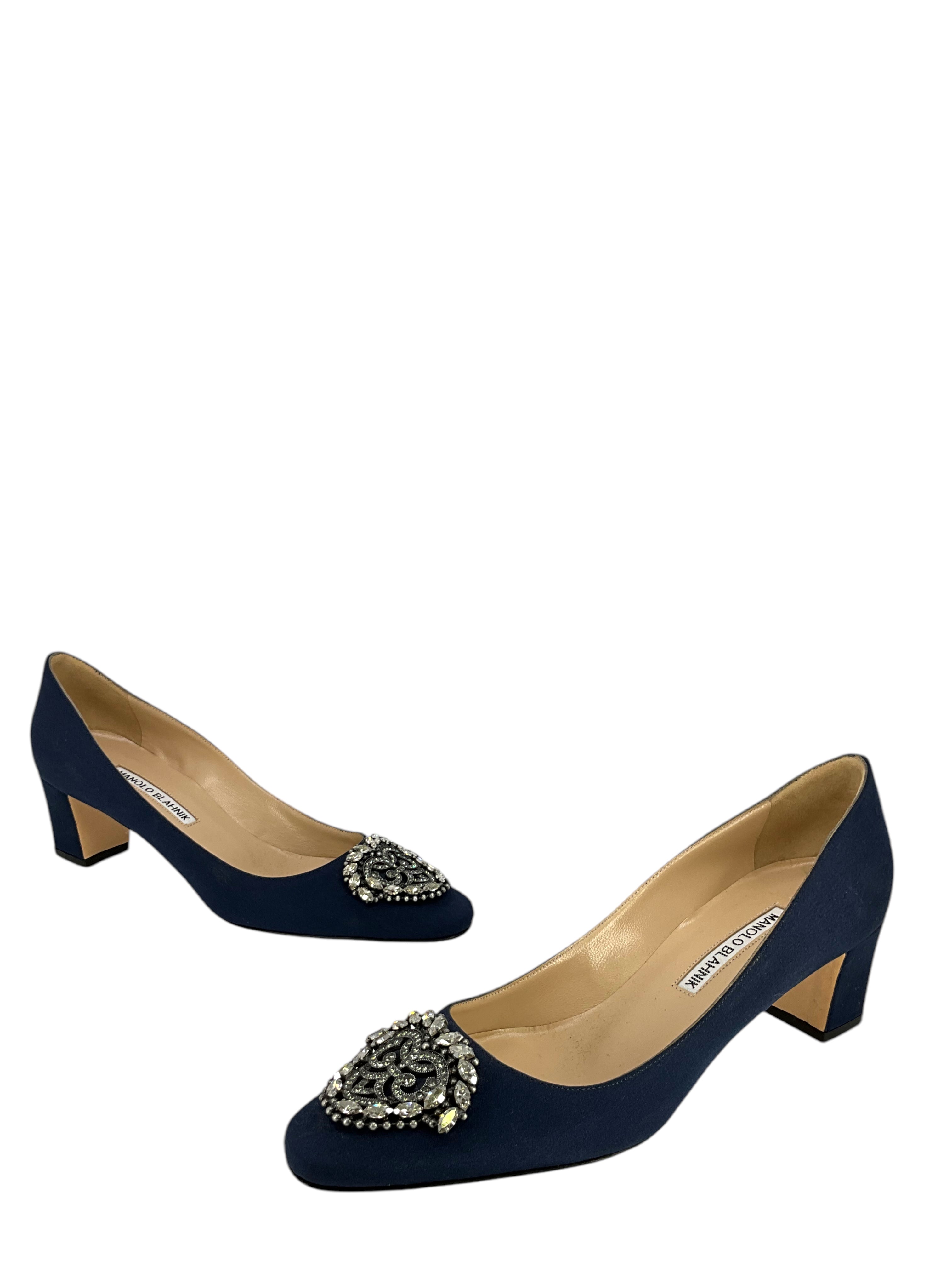 Manolo Blahnik Okkato Low Heel Pumps with Jewel Buckle - Size 7.5 US Women's Shoes | Perfect for Office, Wedding & Evening Events