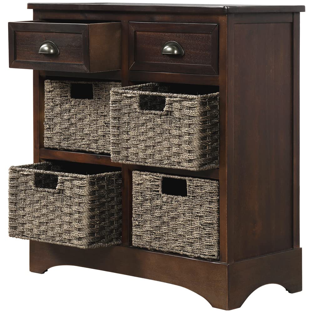 Rustic Wood Storage Cabinet with 2 Drawers & 4 Rattan Baskets - Farmhouse Entryway Console Table, Sofa Side Table for Living Room, Dining Room Accent Sideboard - Espresso Finish - Perfect for Home Organization & Farmhouse Decor