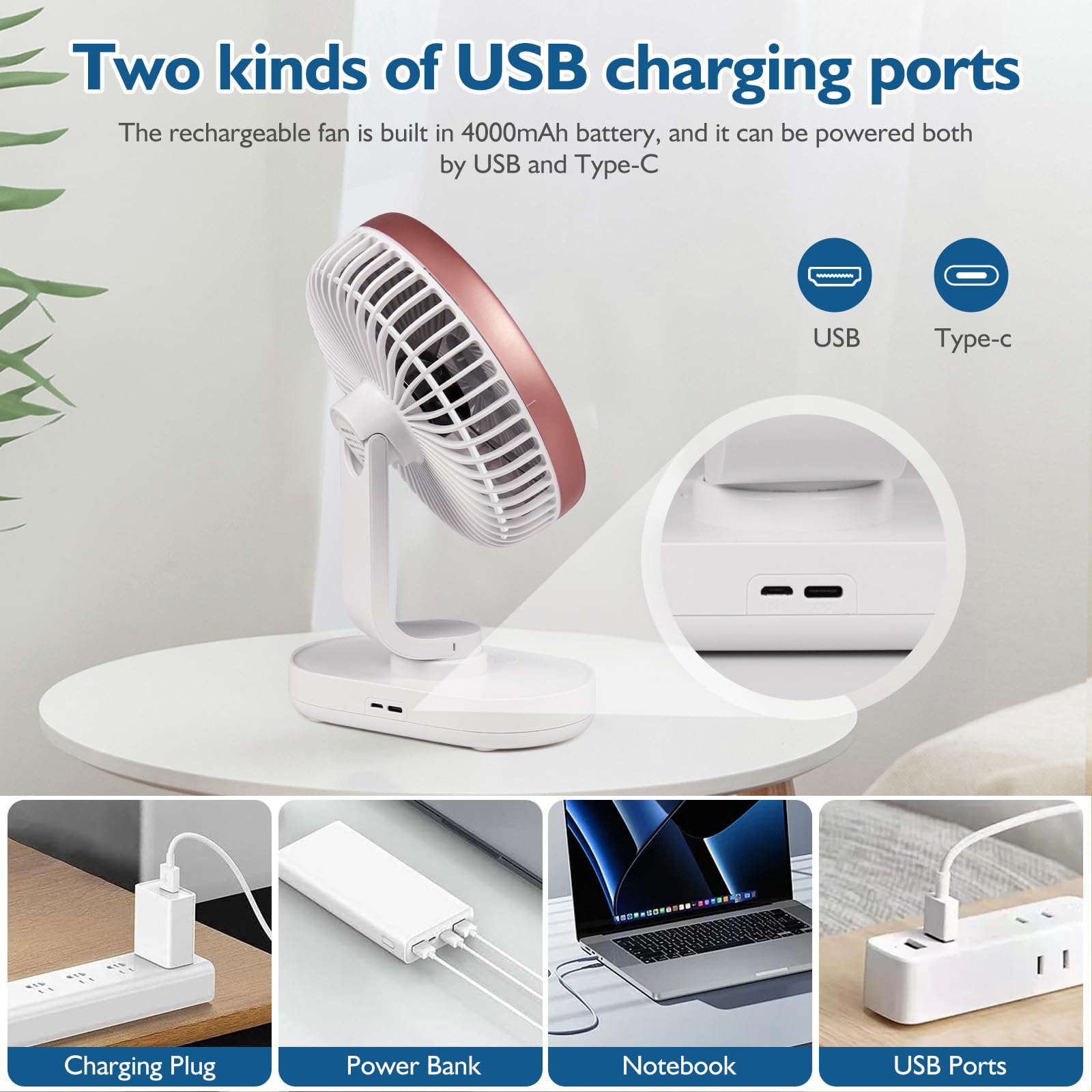 CONBOLA Small Desk Fan for Bedroom & Office - 4000mAh Rechargeable Battery Operated Fan with 90° Vertical & 120° Oscillation - 4 Speed Quiet Air Circulator for Home, Dorm, Office & Travel - Pink Portable Table Fan for Cooling & Airflow