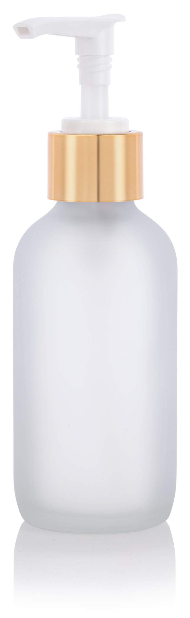 JUVITUS 4 oz Frosted Clear Boston Round Glass Bottles with Gold Lotion Pumps (4 Pack) - Includes Funnel for Easy Refilling - Perfect for Essential Oils, Lotions, Serums & DIY Beauty Products