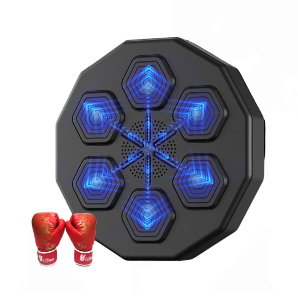 Smart Wall Mounted Boxing Machine with Music - Boxing Training Equipment for Hand-Eye Coordination & Reaction - Perfect for Kids & Adults (Black+Red Gloves Included) - Ideal for Home Gyms, Boxing Training & Fitness Workouts