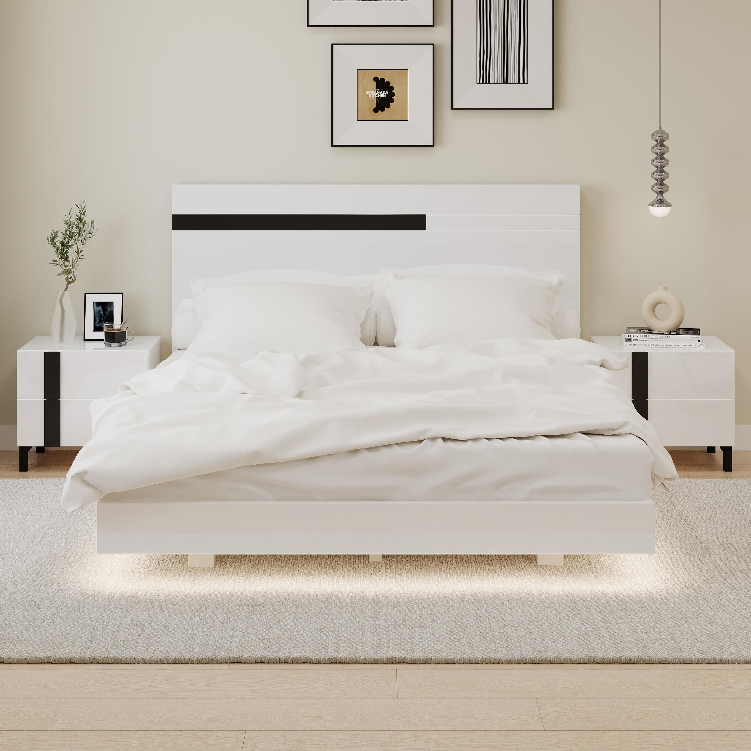 Modern High Gloss Queen Size Platform Bed with LED Lights & 2 Nightstands - 3 Piece White Bedroom Furniture Set for Contemporary Master Bedroom Decor