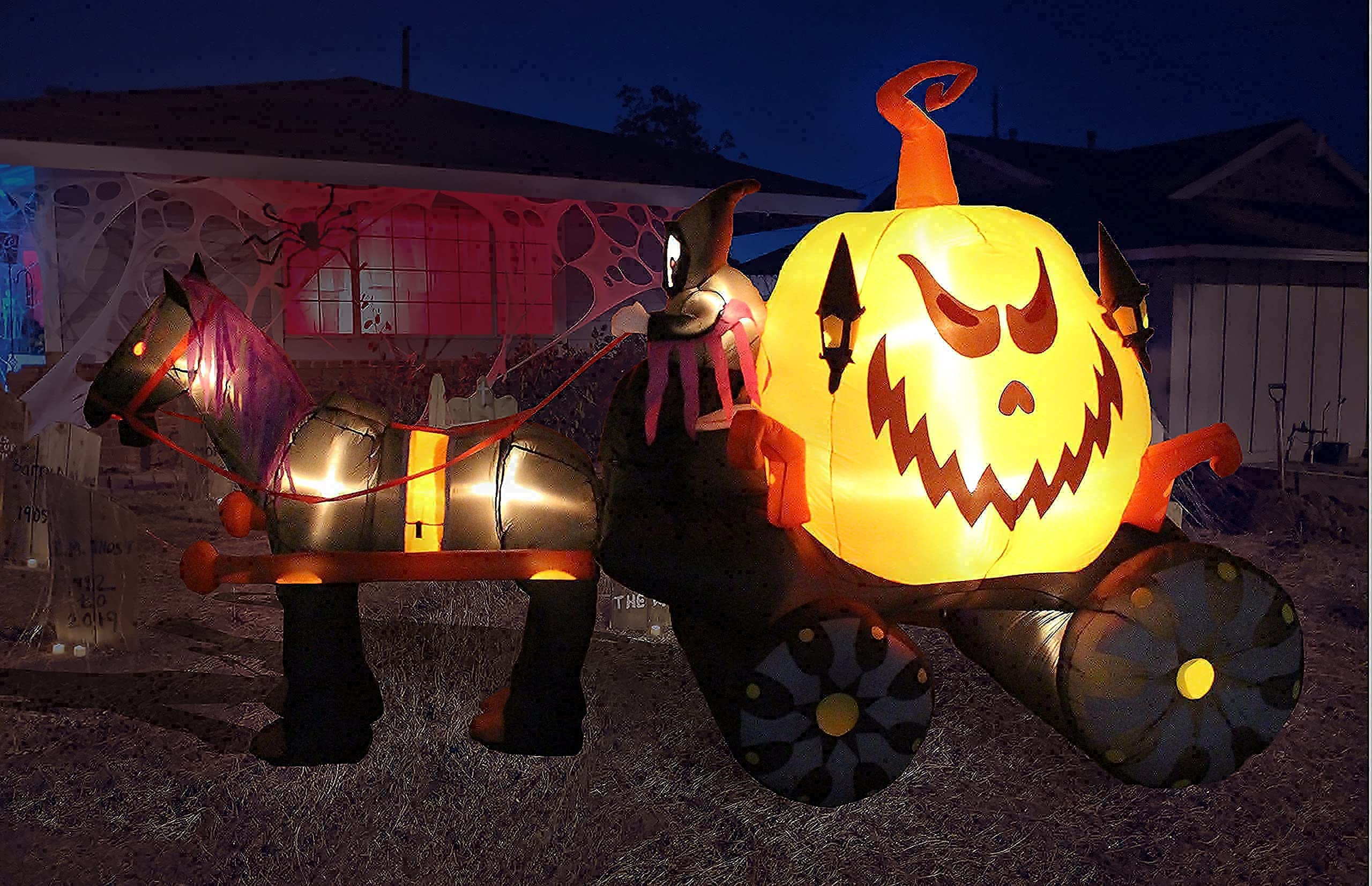 11.5ft Inflatable Grim Reaper Pumpkin Carriage & 8.5ft Haunted House Halloween Decorations Bundle - LED Light Up Outdoor/Indoor Party Decor for Yard, Porch, and Spooky Events