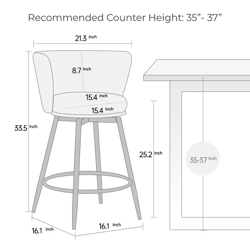 Set of 2 Counter Height Bar Stools - 360° Swivel Upholstered Barstools with Back Support & Sturdy Metal Legs, 26 Inch Seat Height, Soft Velvet Fabric, Gold Footrest - Perfect for Kitchen Islands, Breakfast Bars & Home Bars