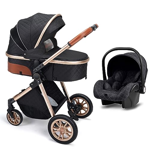 Premium Luxury Baby Stroller - Lightweight Folding Travel Pram with Removable Bassinet for Newborn to 3 Years (0-36 Months), All-Terrain Wheels - Perfect for City Walks, Park Outings & Air Travel (Black)