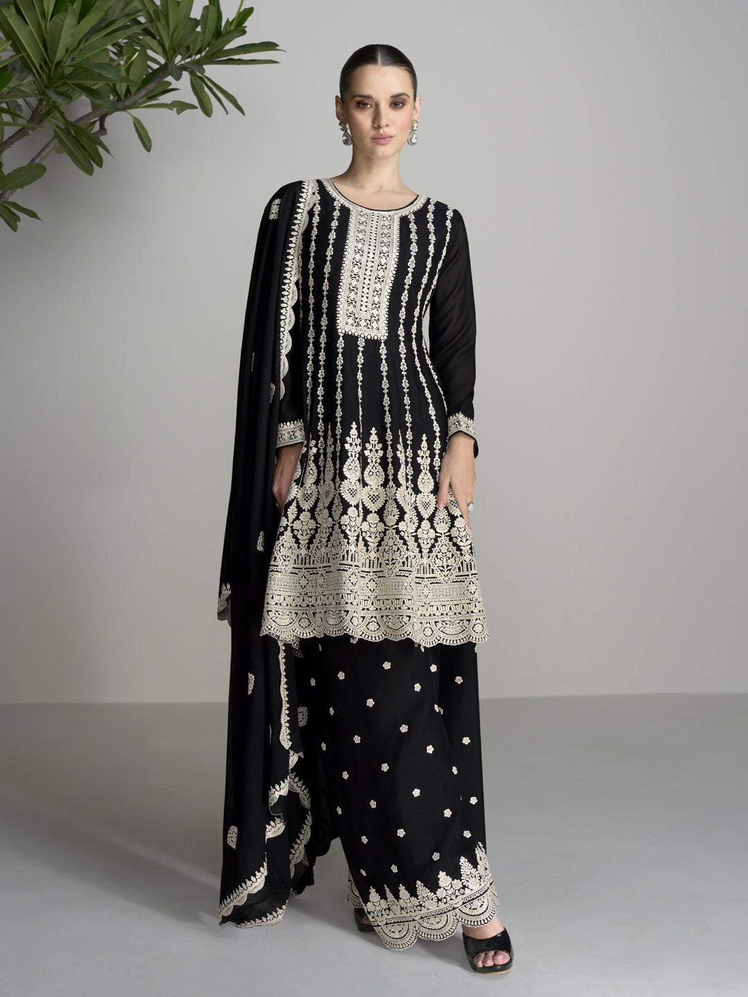 Elegant Black Designer Chinon Silk Sharara Suit with Intricate Embroidery - Perfect for Weddings, Parties & Special Occasions