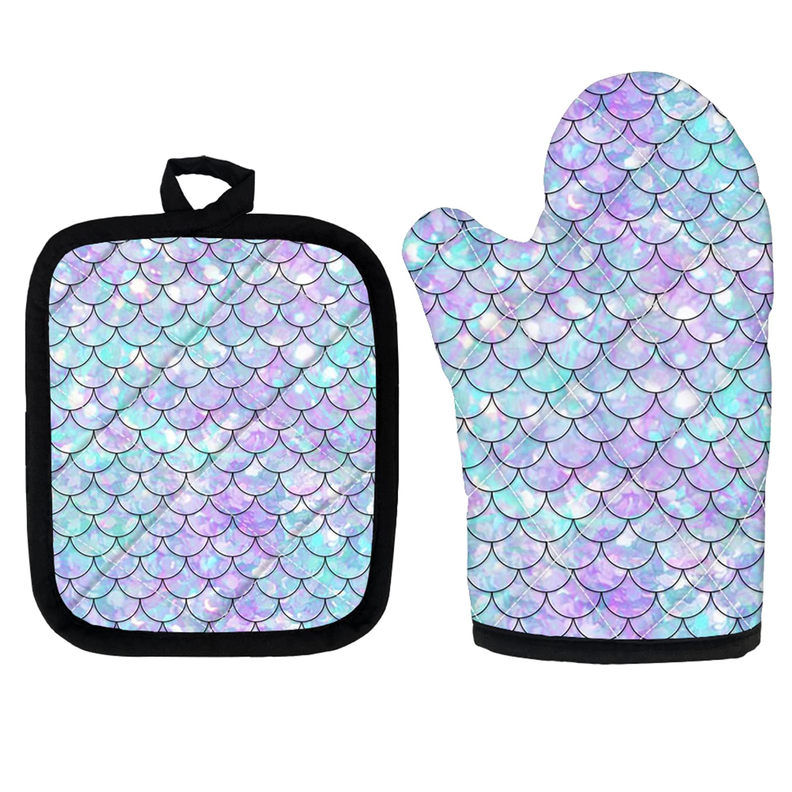Heat Resistant Mermaid Scales Kitchen Gloves Set - 2 PCS Oven Mitts & Pot Holders for Baking, BBQ, Holiday Cooking & Microwave Use - Fish Scale Design for Safe & Stylish Kitchen Protection