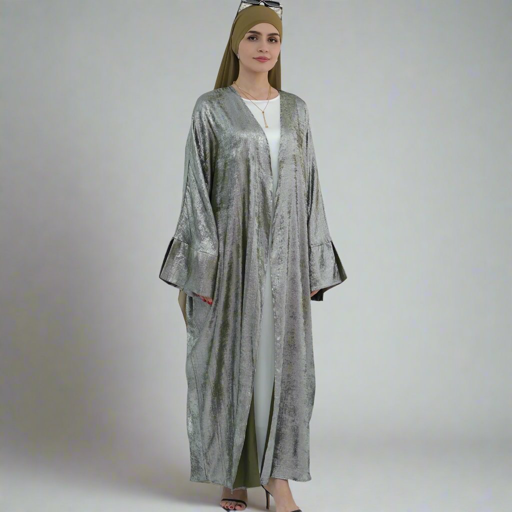 Celine Shimmer Kimono Open Abaya - Olive Green Islamic Abaya Dress for Women | Elegant Loose Fit Abaya for Prayer, Mosque, Eid & Special Occasions