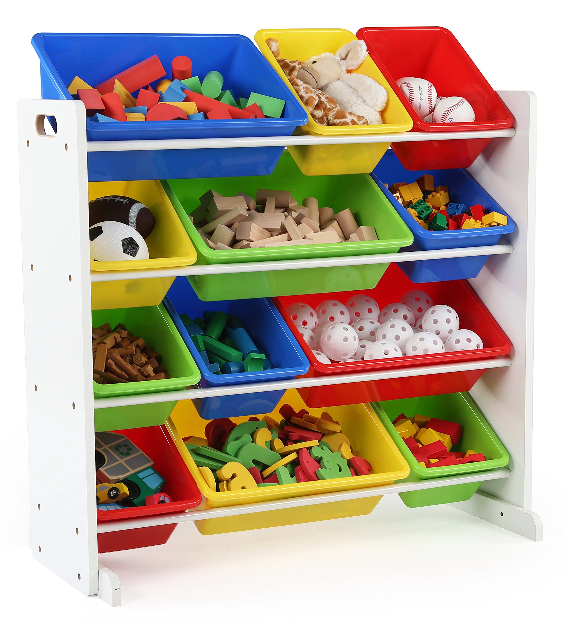 Humble Crew White & Primary Kids Toy Storage Organizer with 12 Plastic Bins & Book Rack - Perfect for Nursery, Playroom & Classroom Organization