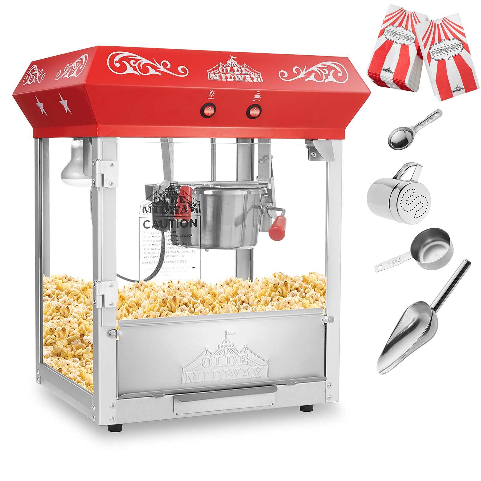 Olde Midway Commercial Popcorn Machine - 6-Ounce Kettle Popper for Movie Theater Style Popcorn at Home, Parties & Events (Red)