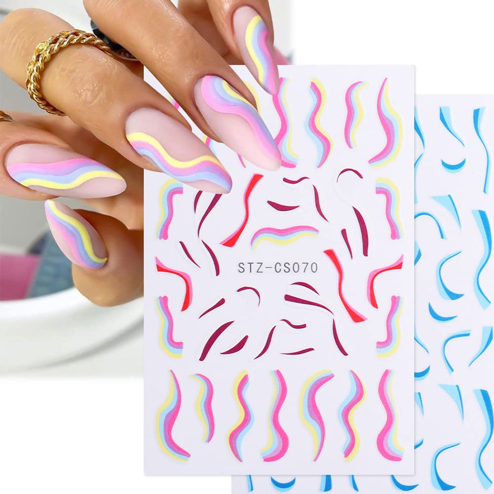 12 Sheets French Nail Art Stickers - 3D Self-Adhesive Colorful Wavy Line Nail Decals for Women & Girls - DIY Manicure Accessories for Home, Salon & Party Nail Designs