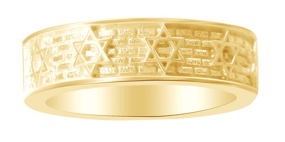 14K Gold Over Sterling Silver Hanukkah Star of David & Bricks Wedding Band Ring - 6MM Wide Jewish Jewelry for Holidays, Weddings & Special Occasions
