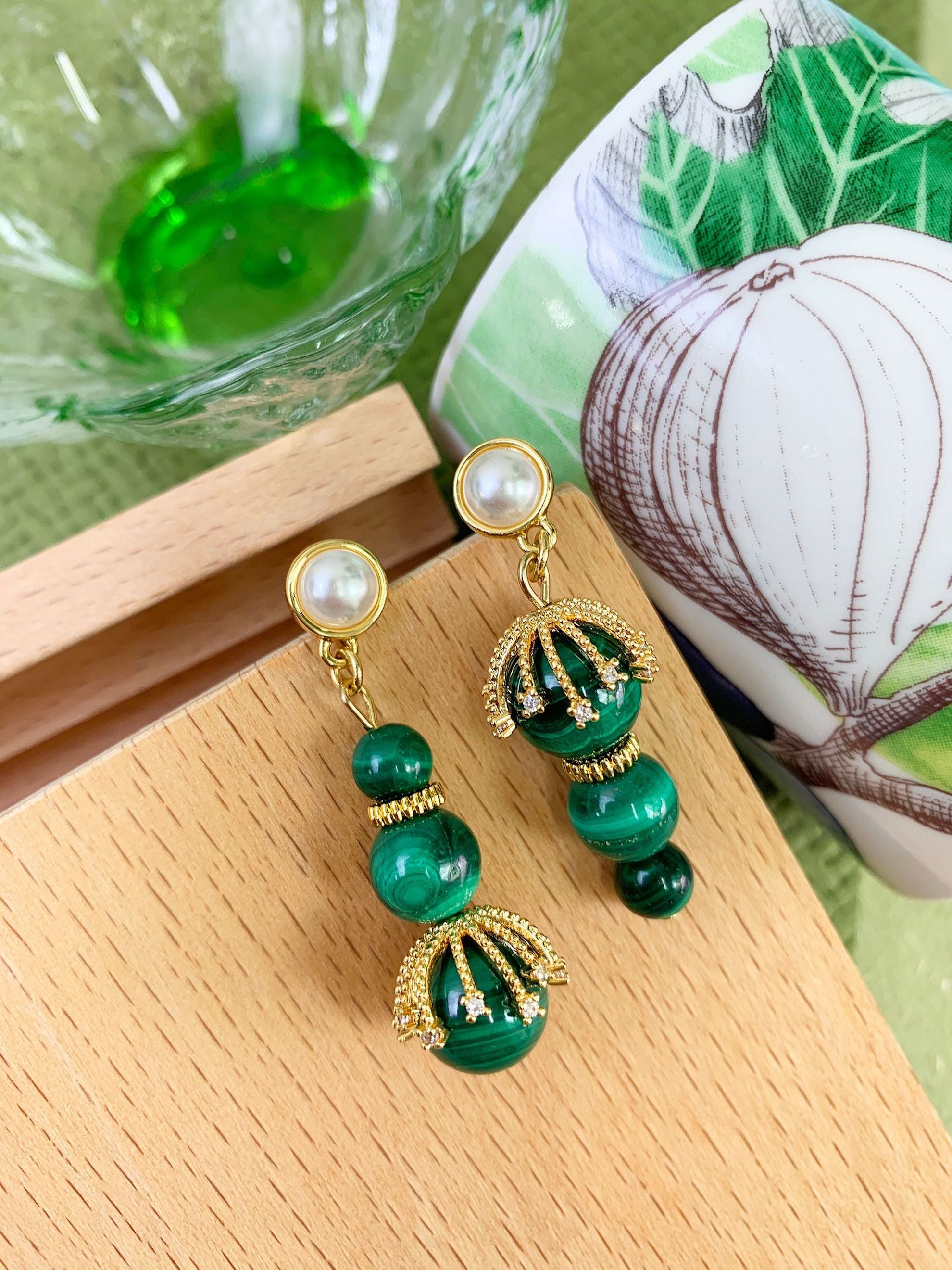 Handmade Malachite Asymmetric Dangle Earrings for Women - Unique Bohemian Jewelry Gift for Parties, Weddings & Special Occasions