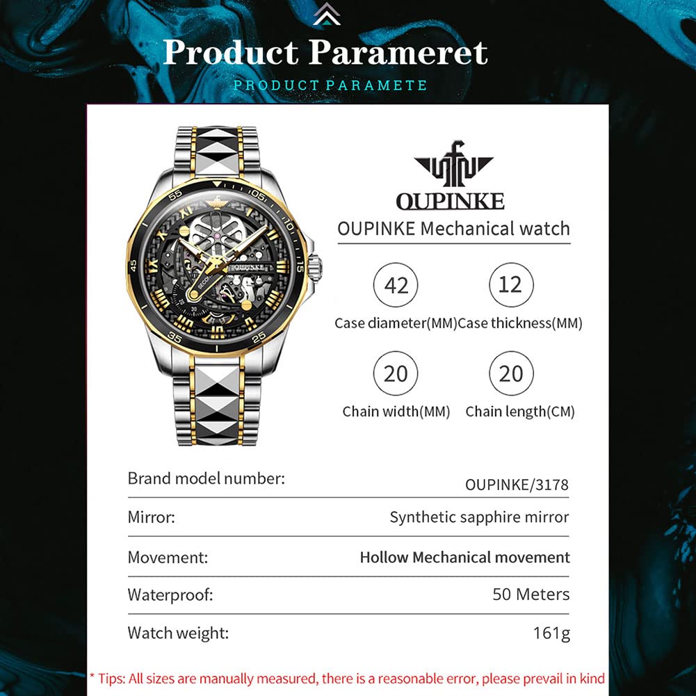 OLEVS Automatic Skeleton Men's Luxury Watch - Mechanical Self-Winding Sapphire Crystal Tungsten Steel Wristwatch - 50M Waterproof & Luminous - No Battery Needed - Perfect for Business, Formal Events & Everyday Wear