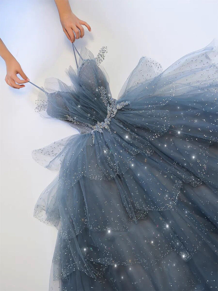 Elegant Blue Tulle Sequins Long Prom Dress - Sparkly Evening Gown for Homecoming, Ball & Formal Events | Perfect for Prom Night, Wedding Guest & Special Occasions