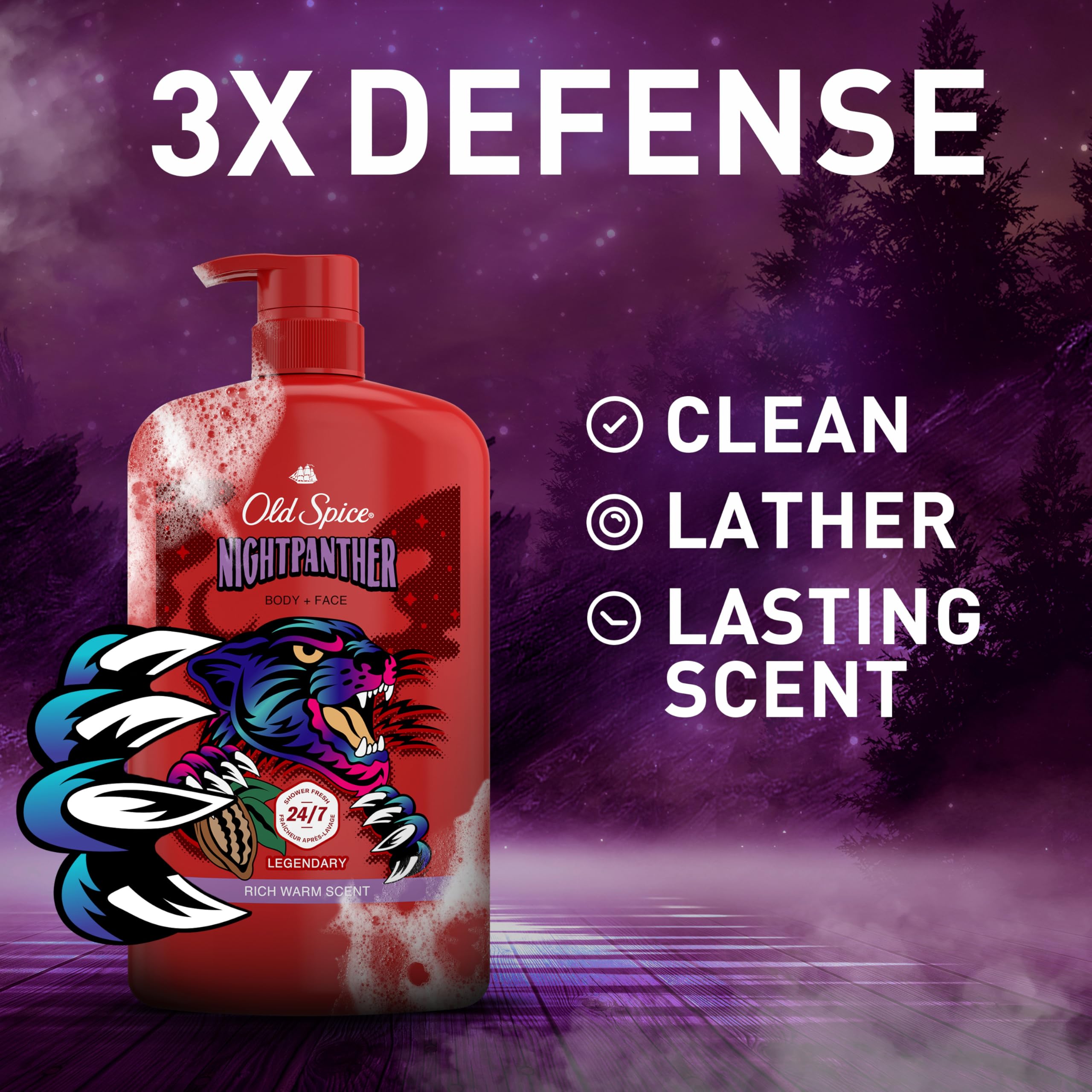 Old Spice 3X Defense Body Wash for Men - 24/7 Freshness with NightPanther Scent | 2-in-1 Shower Gel & Face Cleanser | Long-Lasting Fragrance | Pack of 4 (33.4 fl oz each) | Perfect for Gym, Travel & Daily Shower Routine