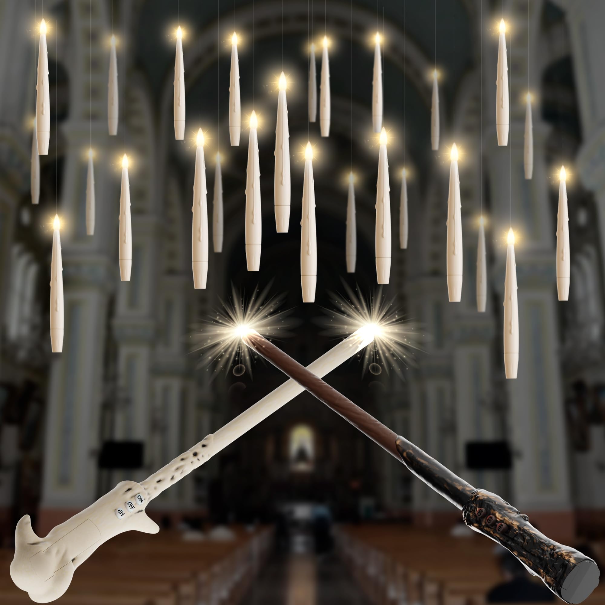 20 Pack Battery Operated Floating Candles with Wand Remote - Flameless Magic Hanging Taper Candles for Christmas, Halloween, Weddings & Home Decor (Ivory) - Perfect for Centerpieces, Fireplace Displays & Party Lighting