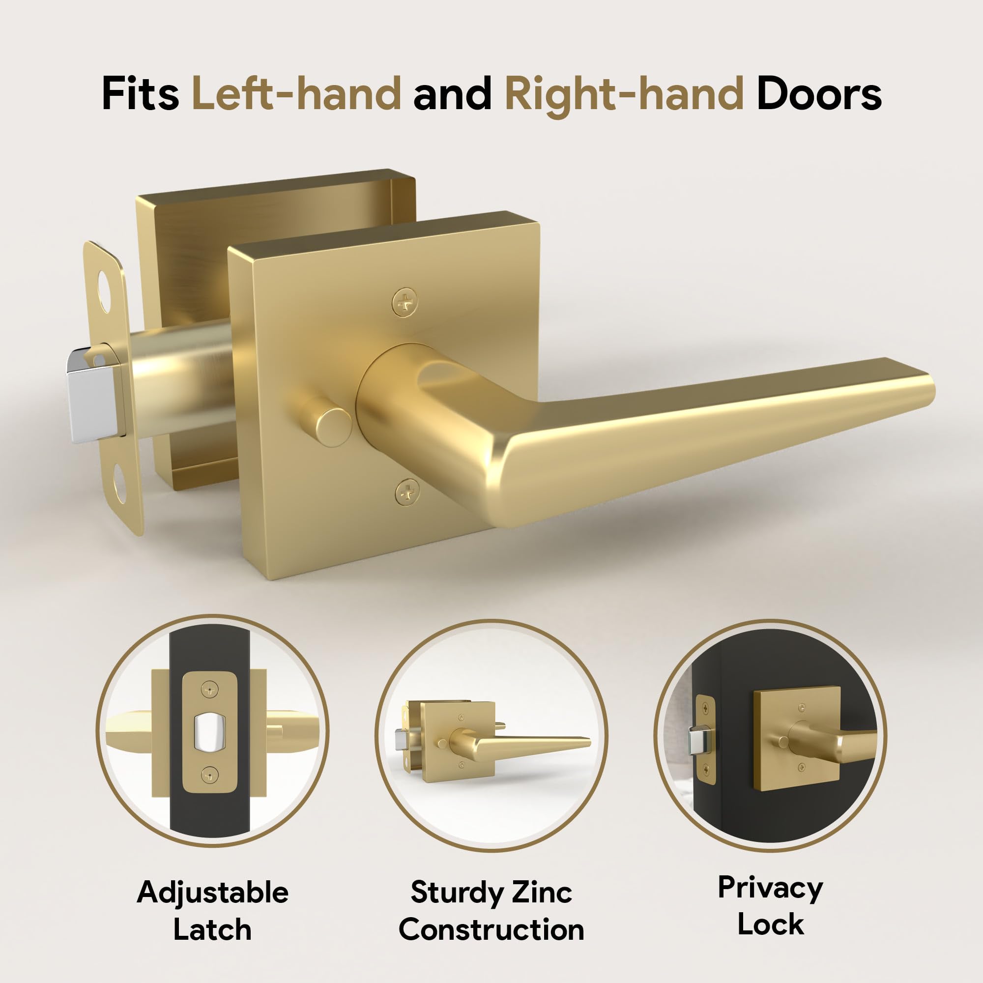 Keyless Privacy Lever Door Lock Handle Set - Heavy Duty Design for Hallway, Closet & Bathroom - Fits All Standard Doors with Included Screws - Satin Brass (1 Pack) - Perfect for Home, Office & Rental Property Security