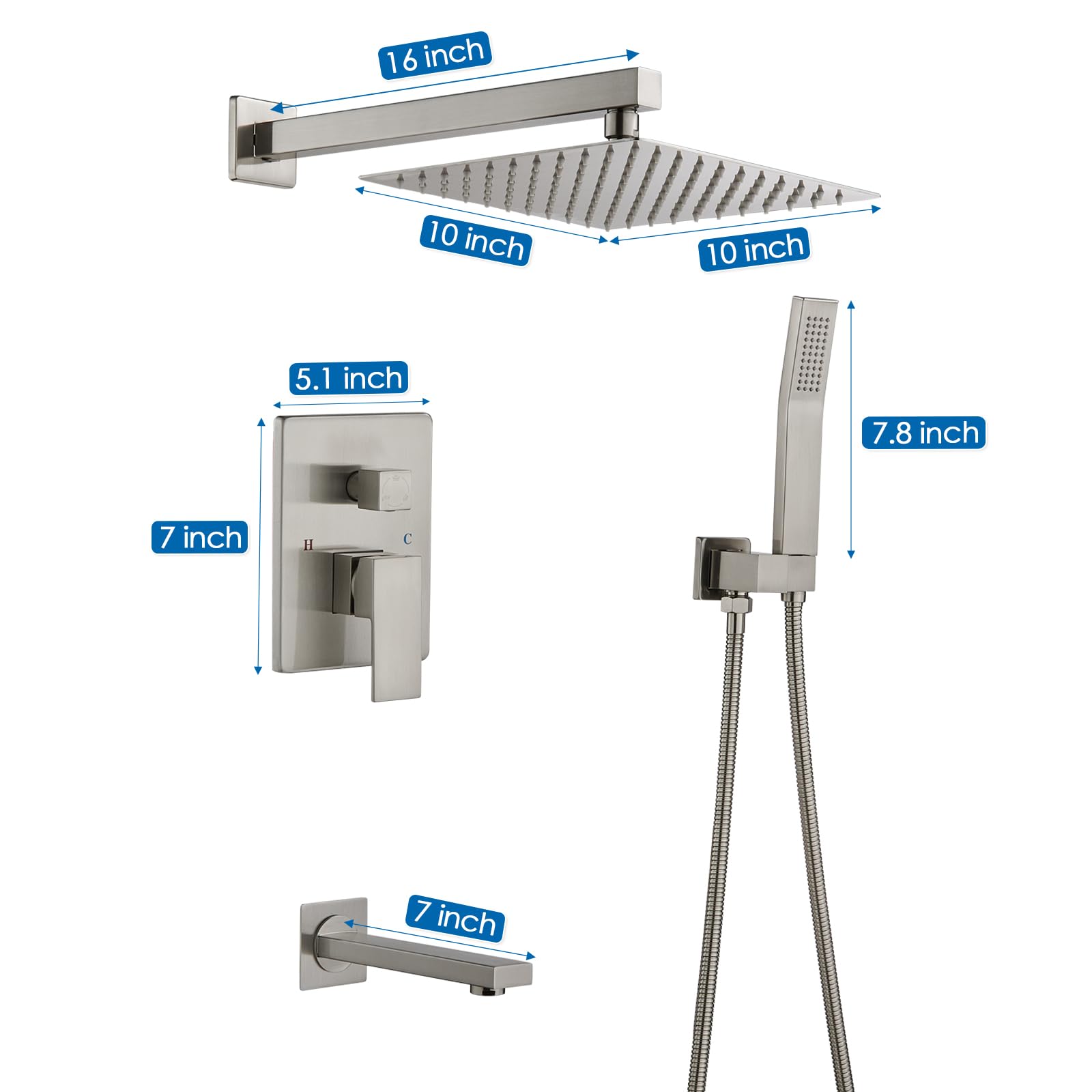 OUGOO 10 Inch Rainfall Shower System with Handheld Sprayer & Tub Spout - Complete Shower Faucet Set with Rough-in Valve & Brushed Nickel Trim Kit - Perfect for Modern Bathroom Renovations & Spa-Like Shower Experience