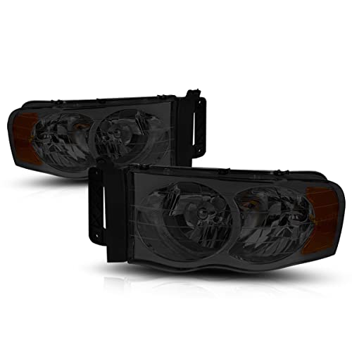 PM PERFORMOTOR Replacement Headlights Assembly - Compatible with 2002-2005 Dodge Ram 1500/2500/3500 - 2Pcs Smoked Lens Headlamps with Amber Corner for Off-Road & Night Driving