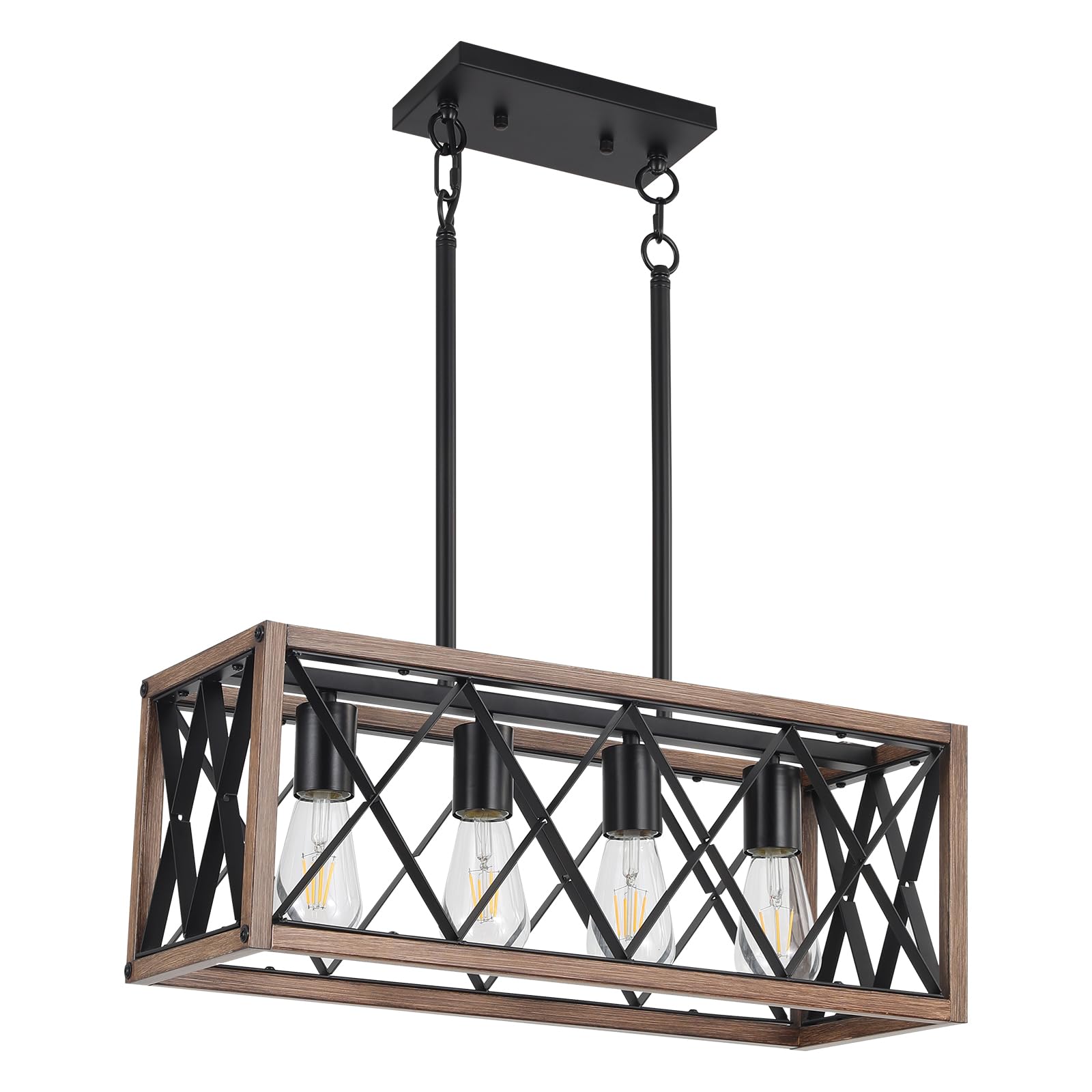 KEESFU 4-Light Adjustable Height Farmhouse Pendant Light - Wood Grain Rustic Linear Chandelier for Kitchen Island, Dining Room Table, Pool Table - Perfect for Farmhouse, Industrial & Vintage Home Decor