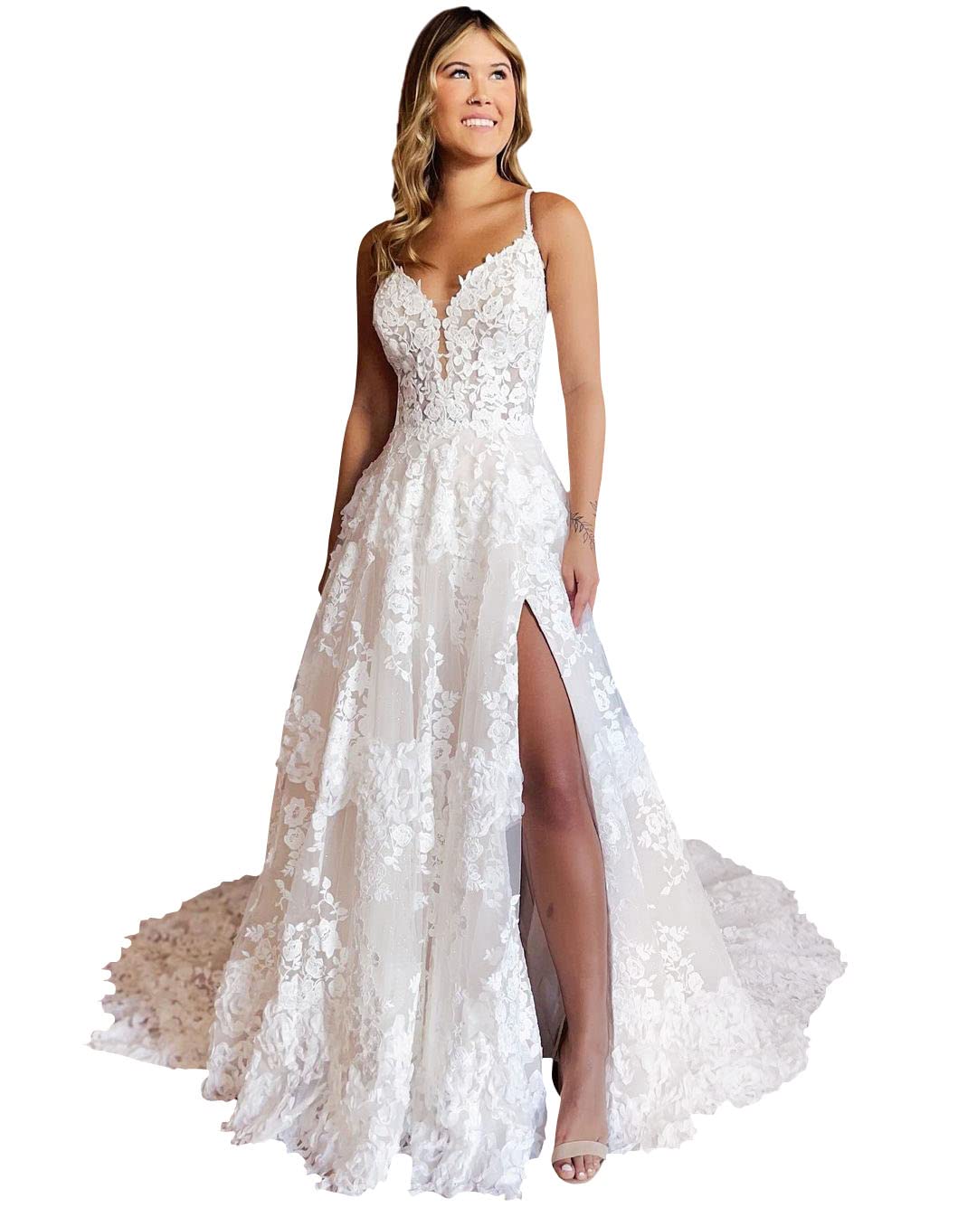 POMUYOO Women's Beach Wedding Dress - Long Lace Appliques Bridal Gown for Bride | Perfect for Beach Weddings, Destination Ceremonies & Romantic Photos