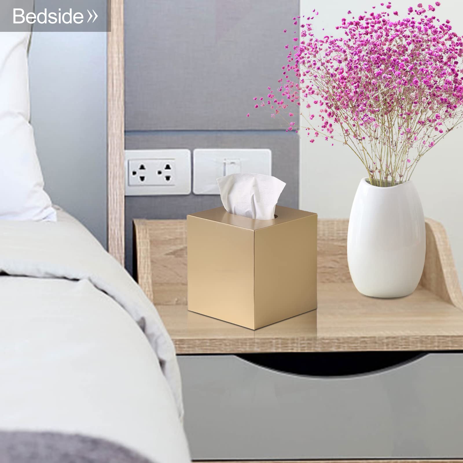 Modern Gold Metal Square Tissue Box Cover - Stylish Facial Tissue Holder for Bathroom Vanity, Bedroom Dresser, Nightstand, Office Desk | Home & Office Decor Accessory