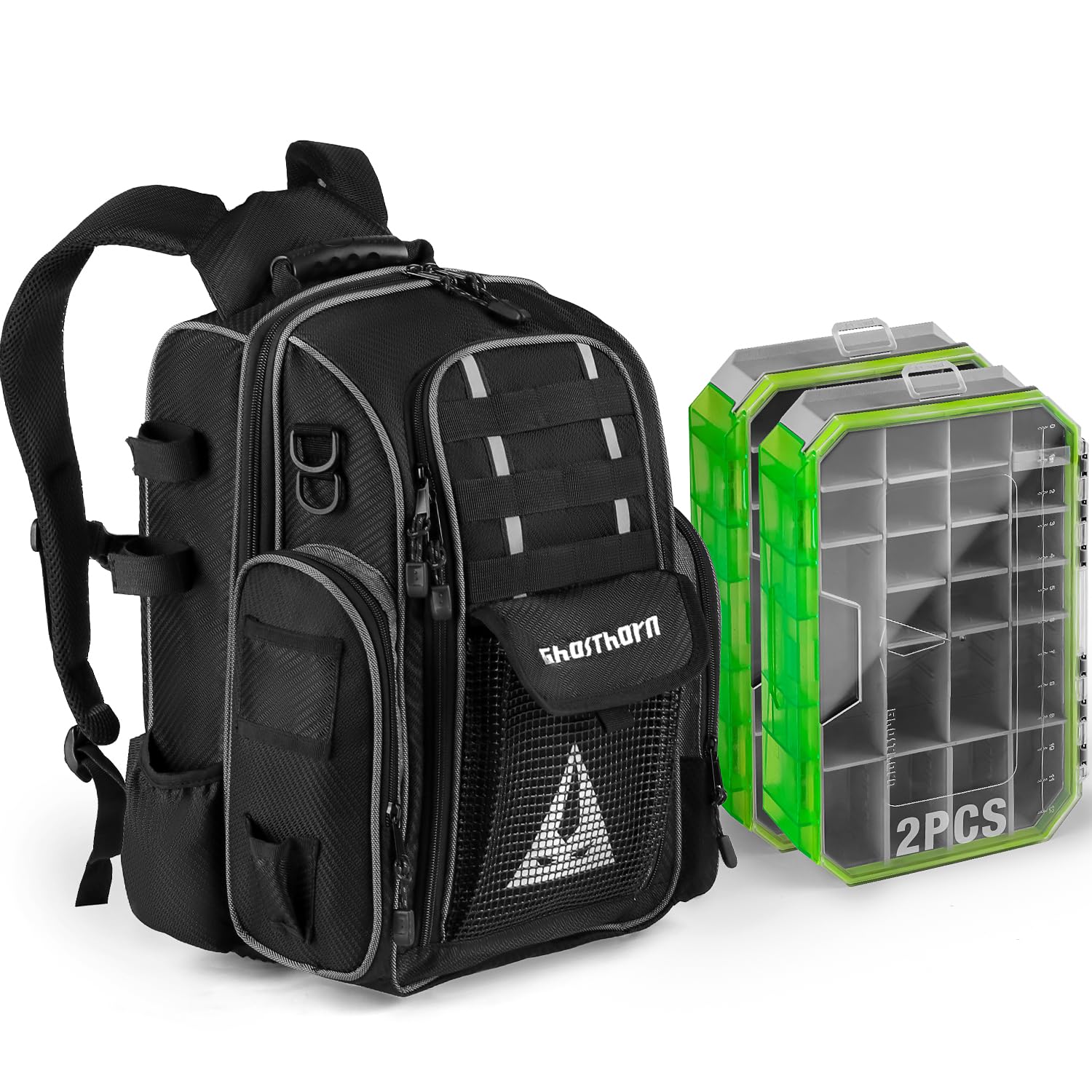 Ghosthorn 40L Waterproof Fishing Backpack with 2 x 3700 Tackle Boxes & Rod Holders - Large Outdoor Fishing Gear Storage Bag for Bass, Trout, Saltwater Fishing - Perfect for Shore, Boat & Kayak Anglers
