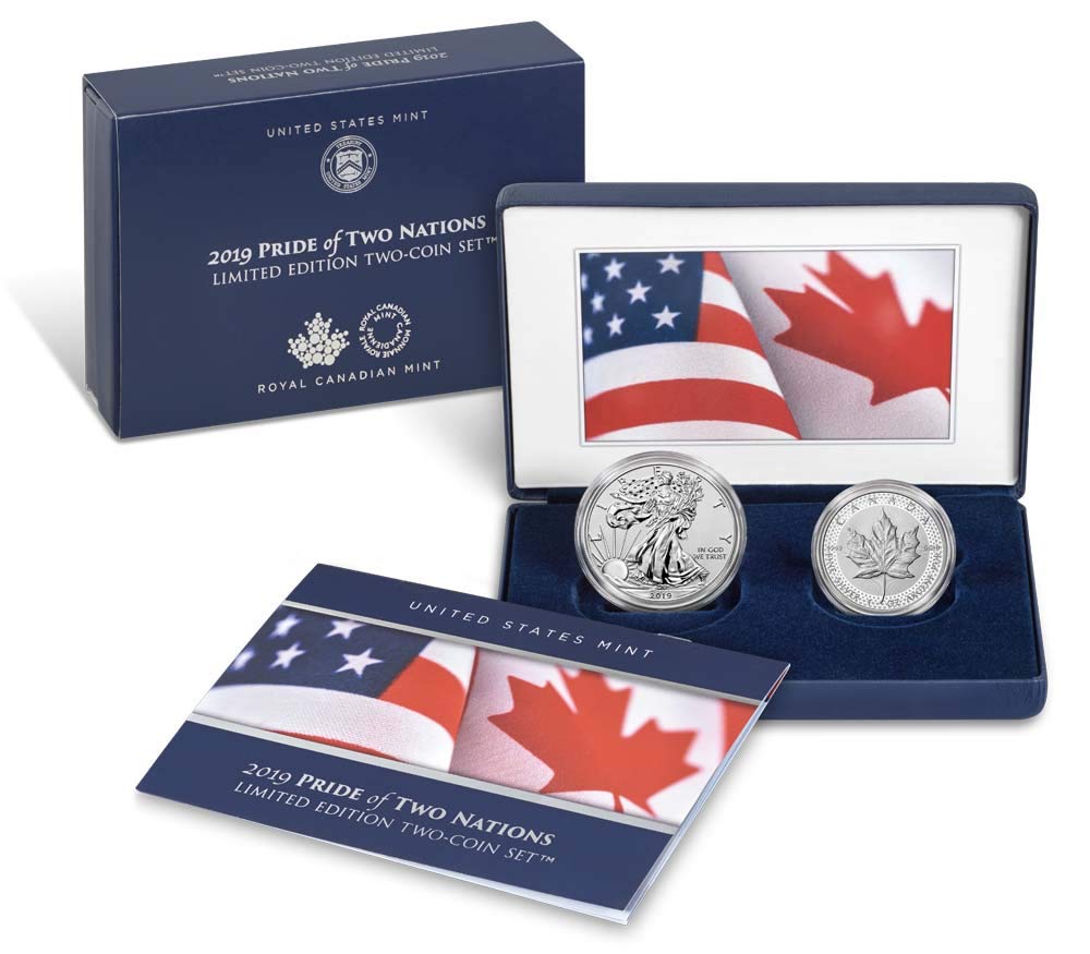 2019 Pride of Two Nations 2-Coin Limited Edition Set - Silver American Eagle & Canadian Maple Leaf - Perfect for Collectors & Investors | Coin Display & Gift Idea