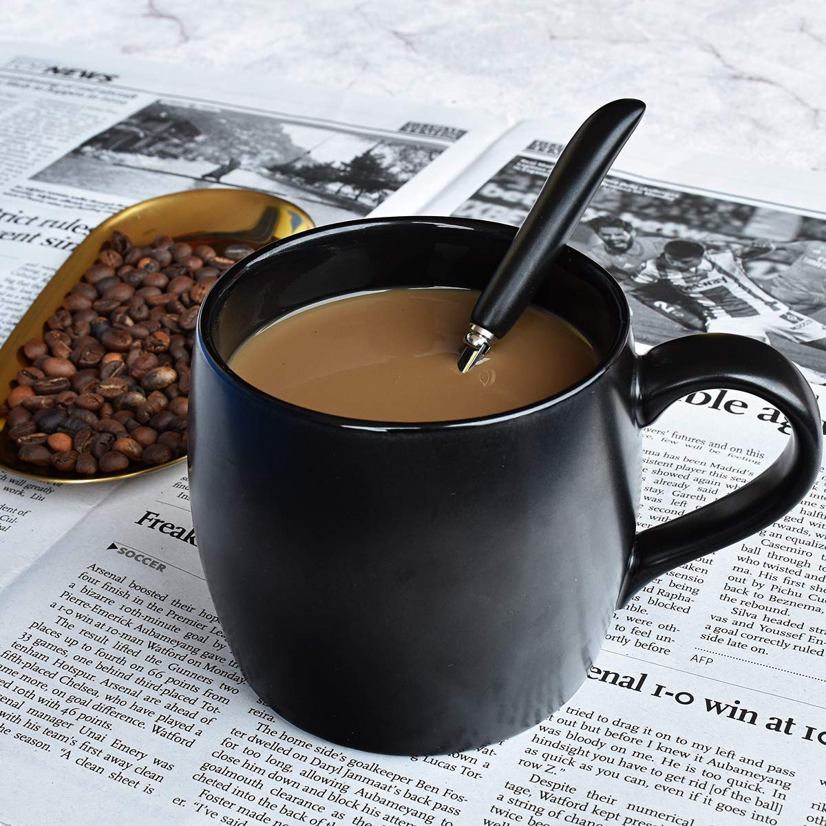 Bosmarlin 14 oz Ceramic Coffee Mug with Spoon - Matte Black Tea Cup for Office, Home, Travel - Dishwasher & Microwave Safe - 1 Pack - Perfect for Hot Beverages, Gifts, and Daily Use
