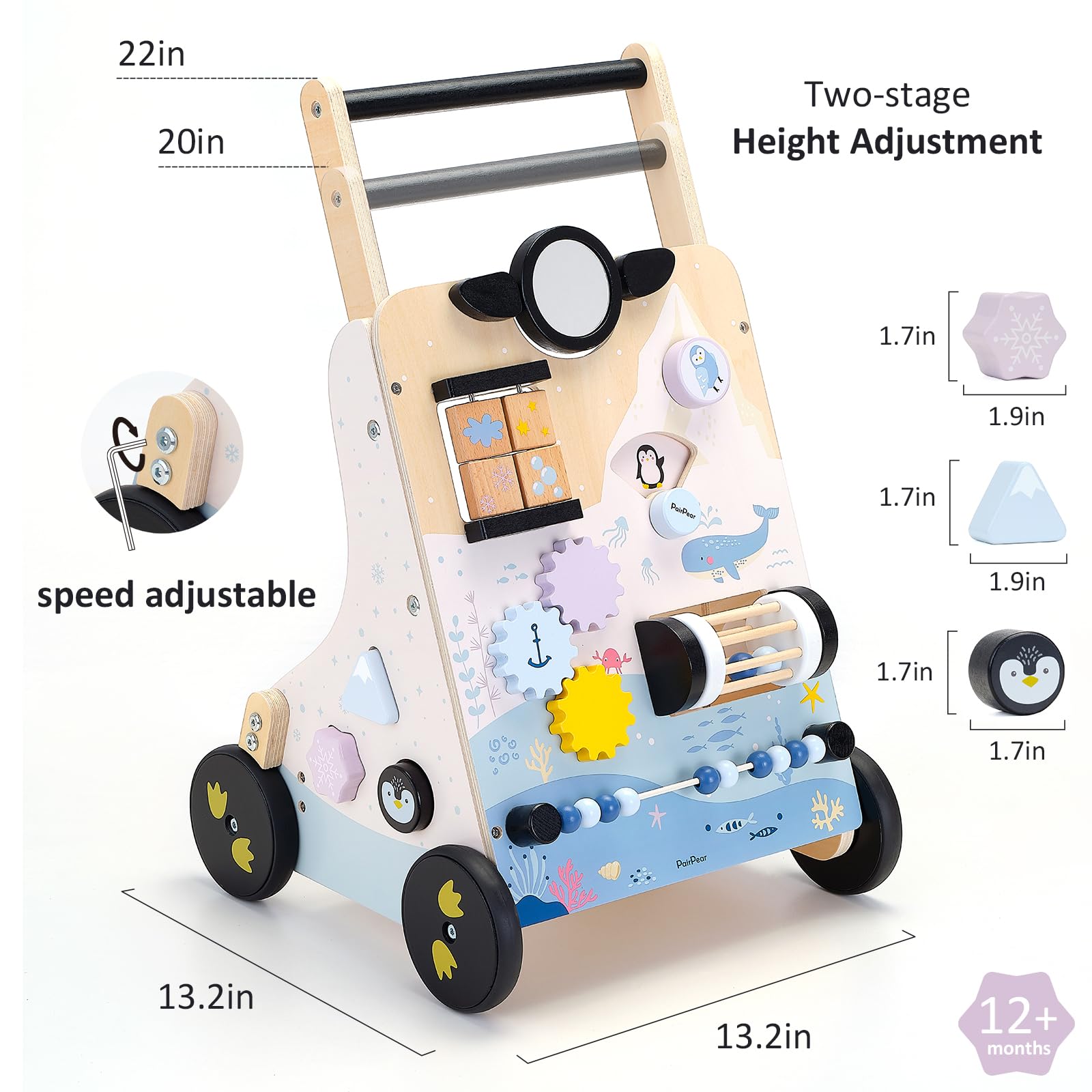 Montessori Wooden Baby Walker & Push Toy with Shape Sorter - Adjustable Speed Learning Activity Center for 1-3 Year Old Boys & Girls | Perfect for Early Childhood Development & Indoor Playtime (Polar Region Design)