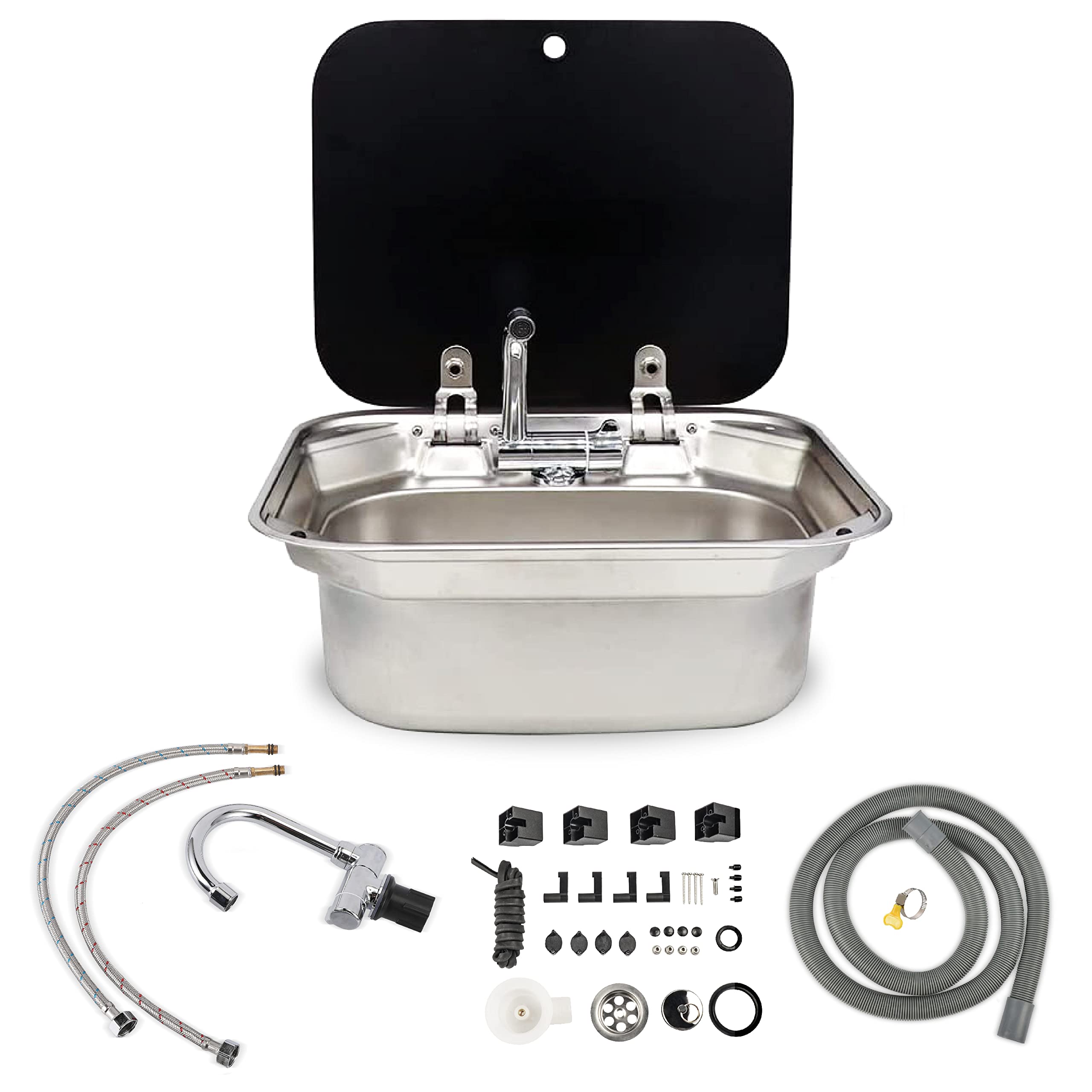 **Stainless Steel Outdoor Sink with Lid & Hot/Cold Faucet – RV, Camper, Boat, Bar Hand Wash Basin – Complete Set with Spout & Strainer – Perfect for Camping, Travel & Outdoor Kitchens**