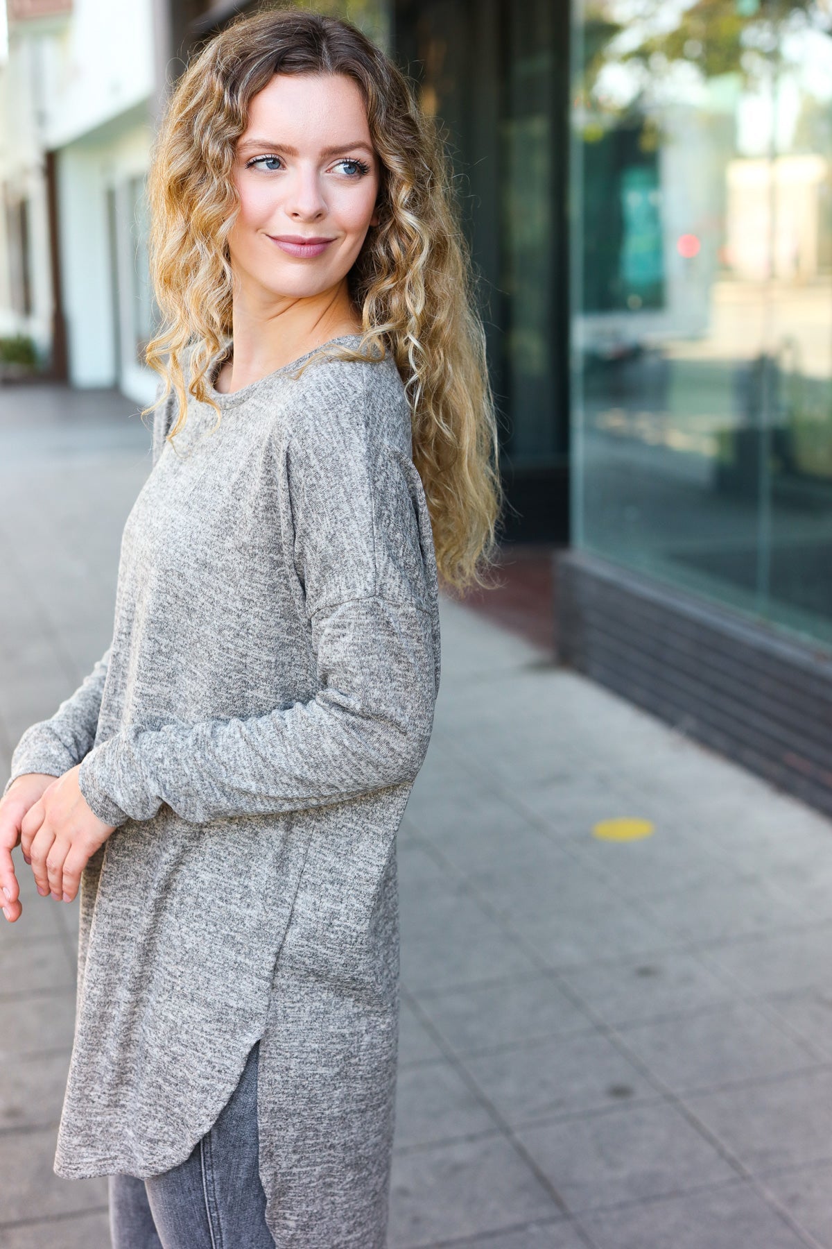 Women's Casual Grey Two-Tone Tunic Top with Side Slits - Soft Pullover Sweater for Everyday Wear, Office & Weekend Outfits