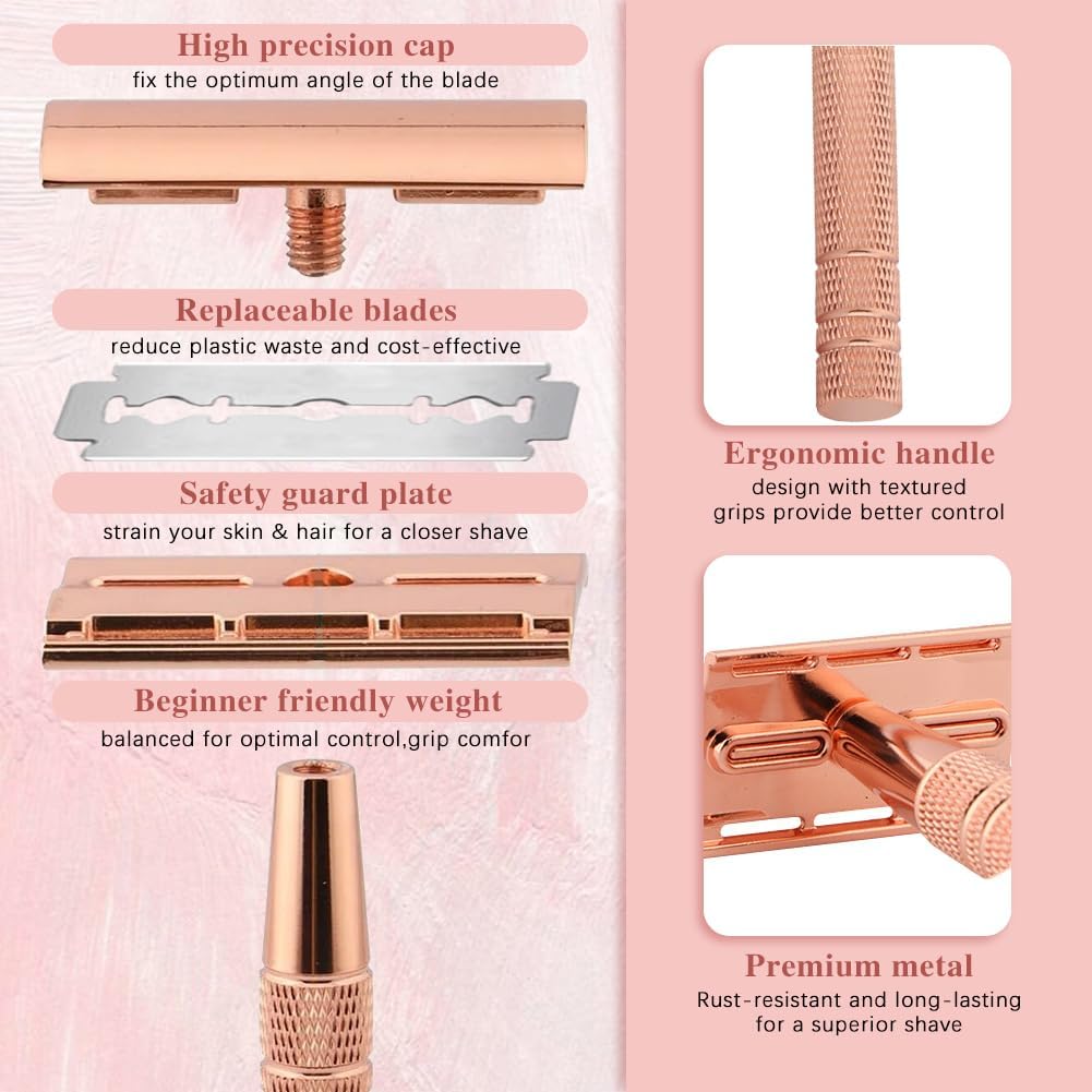 Solara Women's Safety Razor - Reusable Double Edge Razor for Painless Hair Removal on Legs, Arms, Underarms & Bikini Line - Smooth Shaving with Rose Gold Metal Finish - Perfect for Travel, Home & Gym Use