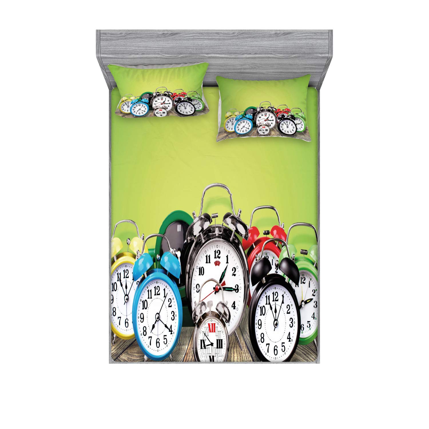 Ambesonne Vintage Alarm Clock Print 3-Piece Bedding Set - Fitted Sheet & Pillow Sham, Full Size Lime Green - Retro Wooden Ground Digital Design for Bedroom Decor | Perfect for Guest Rooms, Dorm Decor & Nostalgic Home Styling