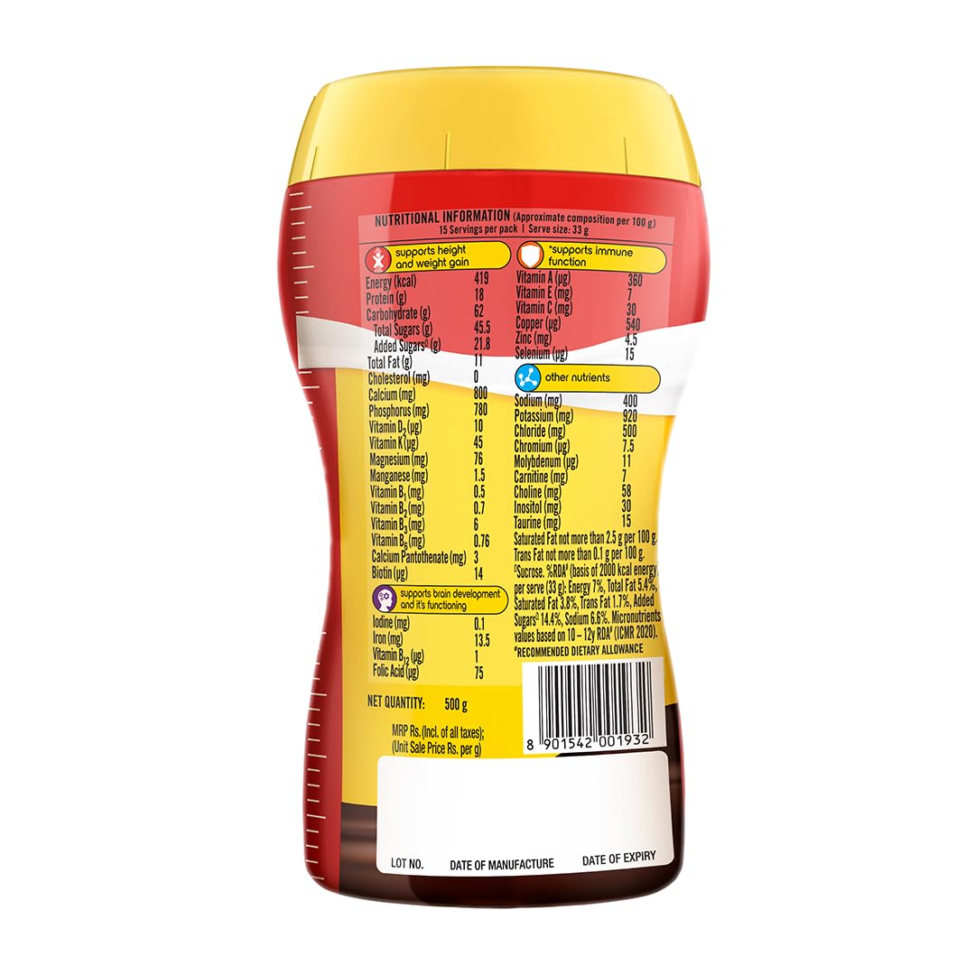 Complan Royale Chocolate Nutrition Drink Powder for Kids - 500g Jar | High Protein & 34 Essential Vitamins for Child Growth | Perfect for School Lunchboxes & After-School Snacks