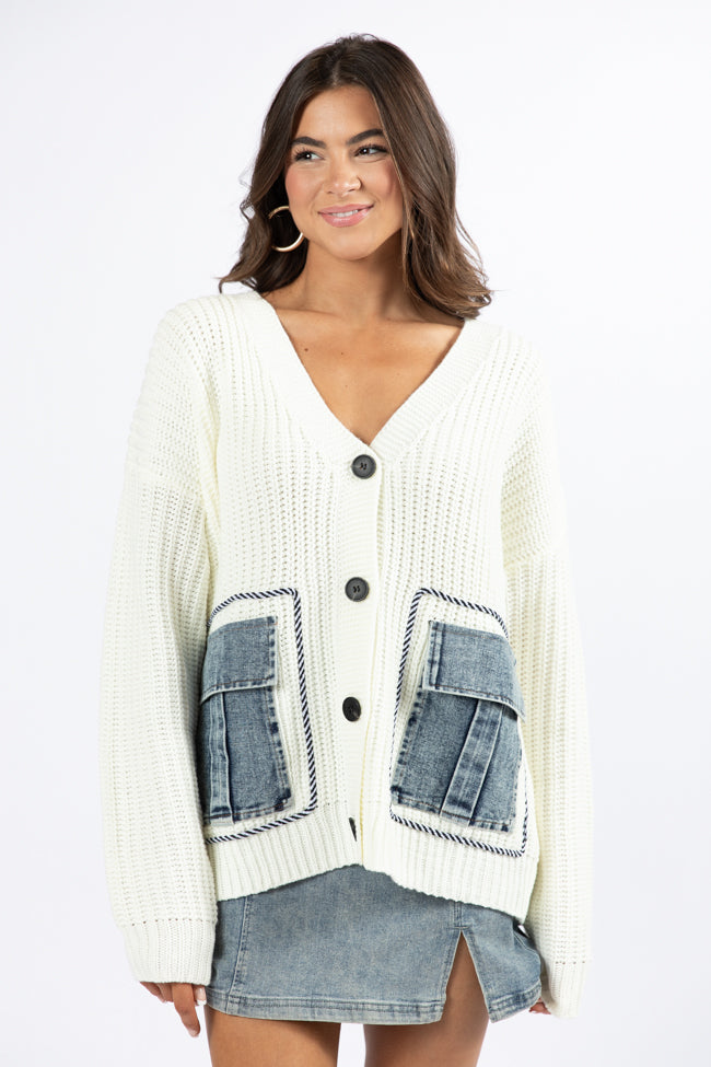 Living For Today Ivory Denim Pocket Cardigan - Women's Lightweight Knit Sweater | Perfect for Casual Outfits & Layering in Fall/Winter