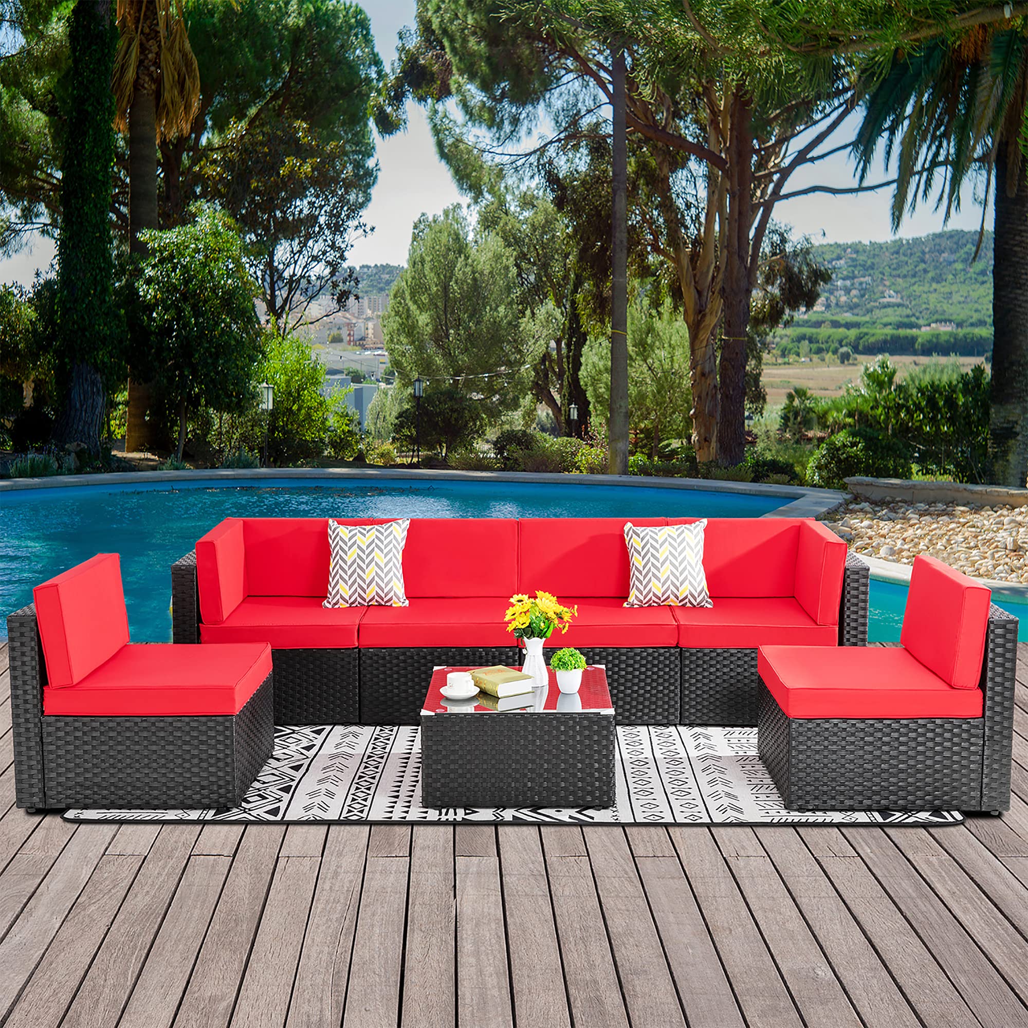 Walsunny 7-Piece Outdoor Patio Furniture Set - All-Weather Low Back Rattan Sectional Sofa with Coffee Table & Washable Cushions (Black Rattan/Red) - Perfect for Backyard, Garden, Poolside & Terrace Relaxation
