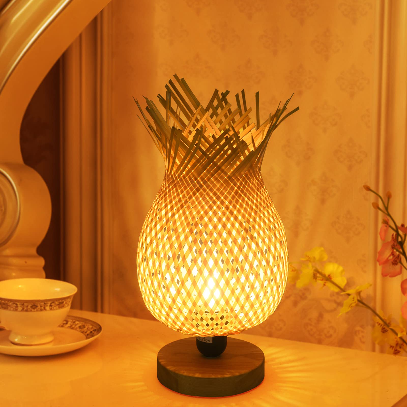 MESSIYO European Style Rubber Wood Table Lamp - Handcrafted Bamboo Woven Bedside Lamp for Hotel & Home Decor (Beige, 18x37cm) - Perfect for Bedroom, Living Room, Office & Reading Nook Lighting