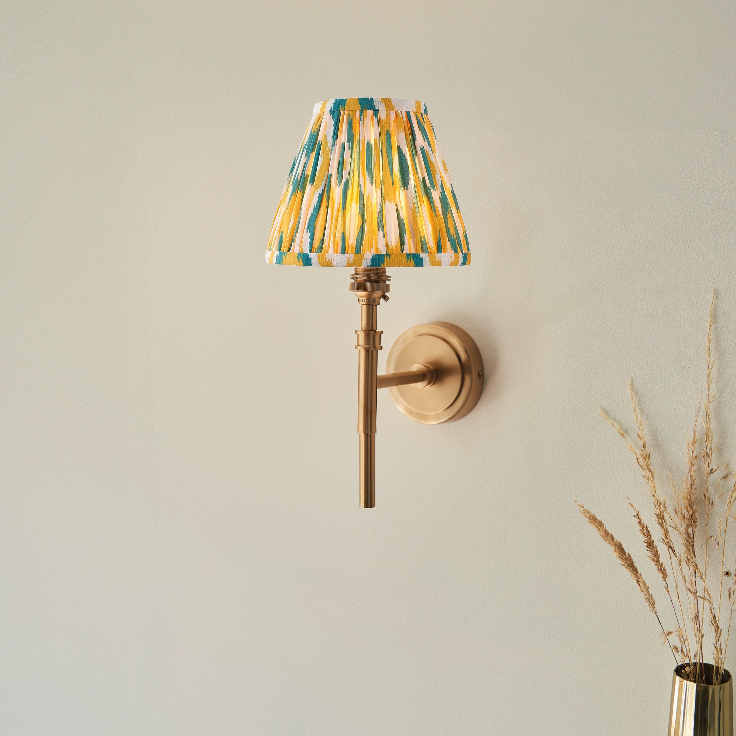 Chester Brass Wall Light with Yellow & Jade Ikat 16cm Shade - Elegant Vintage Sconce for Bedroom, Hallway & Porch Lighting