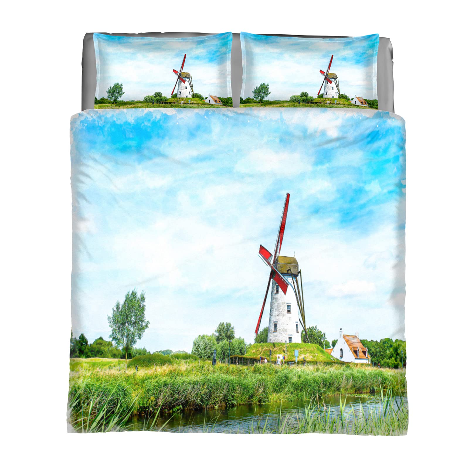 King Size Dutch Windmill Scenery Bedding Comforter Set - Soft & Lightweight Duvet Cover with 2 Pillowcases, 3-Piece All Season Quilt Set for Cozy Home Decor | Perfect for Master Bedroom, Guest Room & Vacation Homes